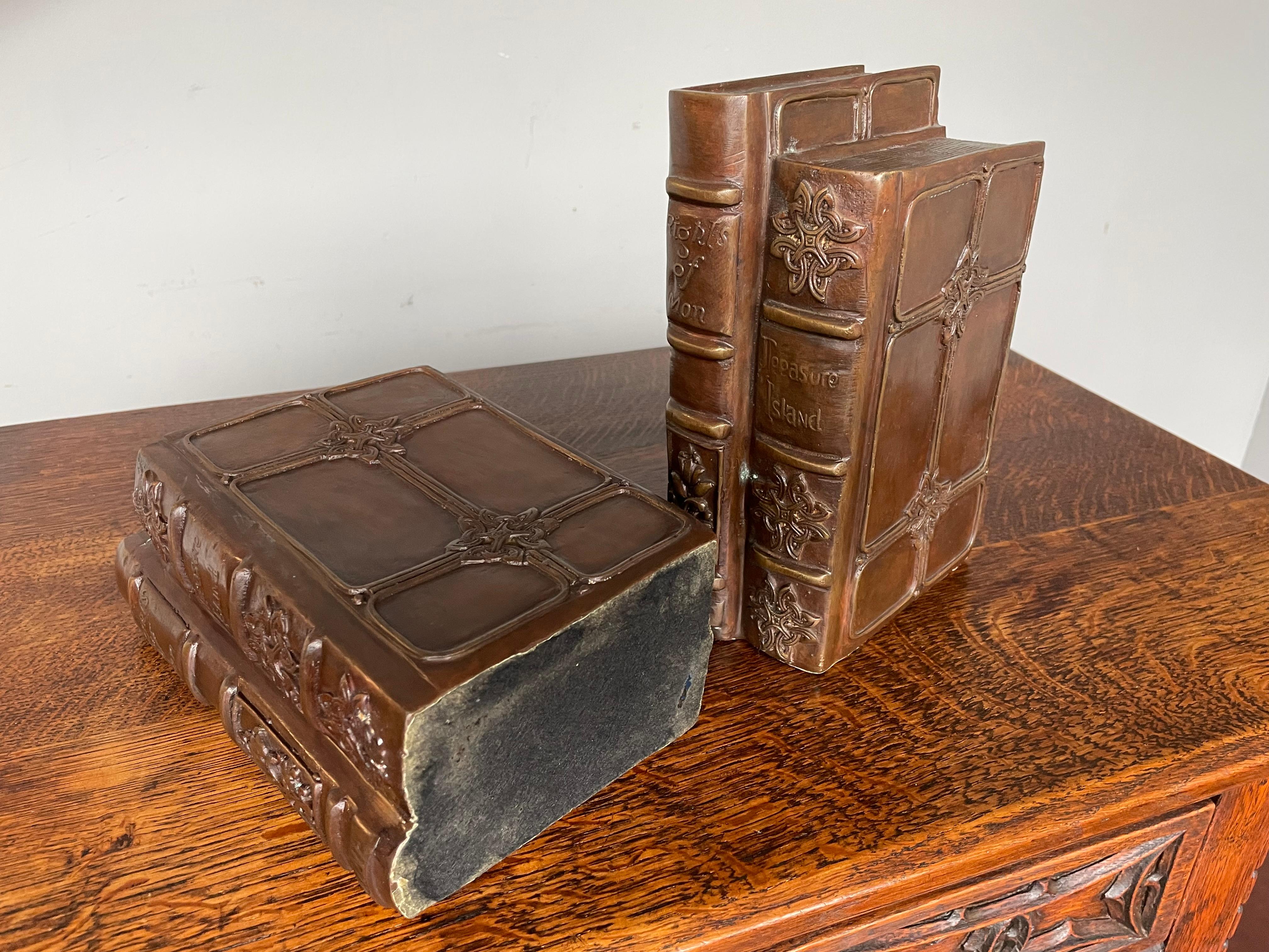Hand-Crafted Mid-Century Made Heavy Bronze Classic Novel Book Shaped Bookends Treasure Island For Sale