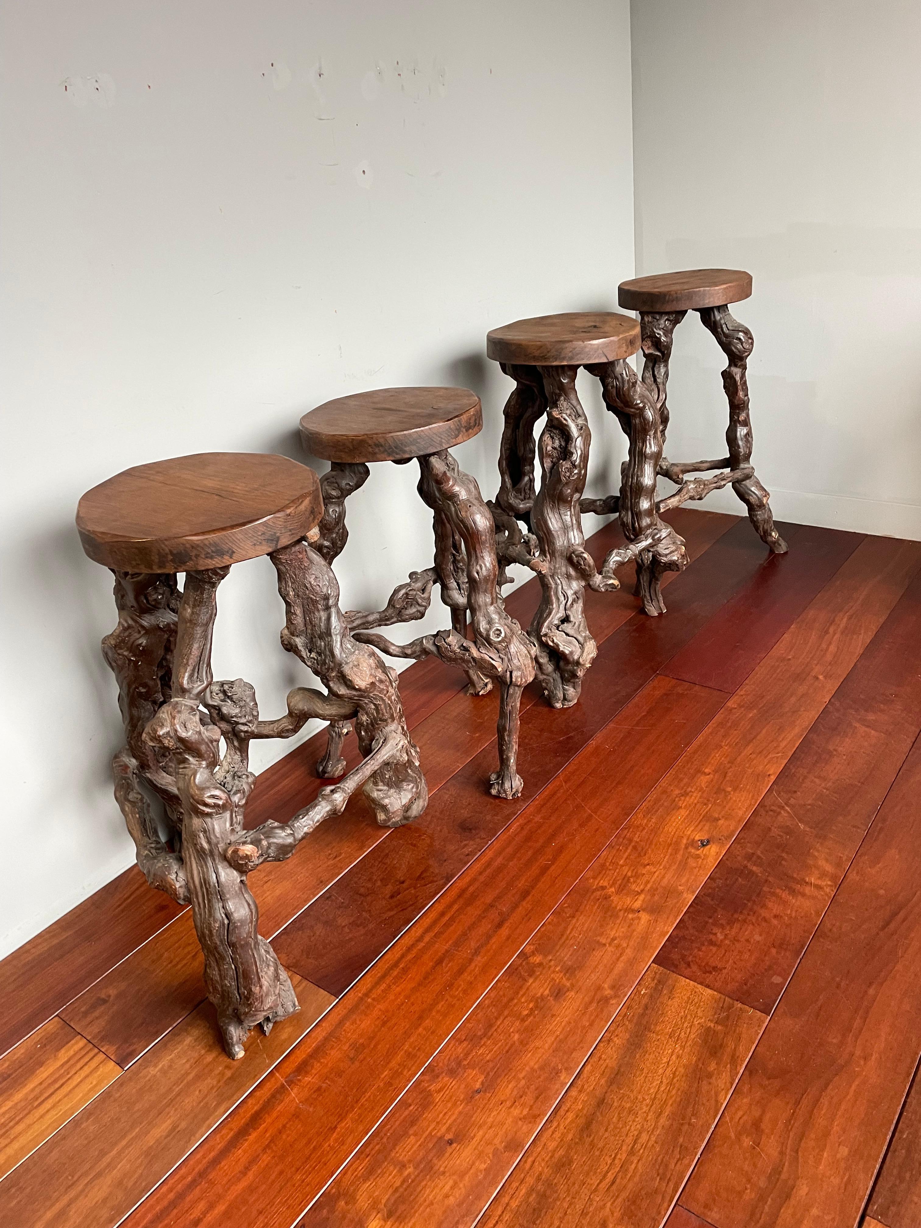 Midcentury Made & Ideal Height Set of Four 4 Grape Wood / Vine Stools & Wine Bar For Sale 5