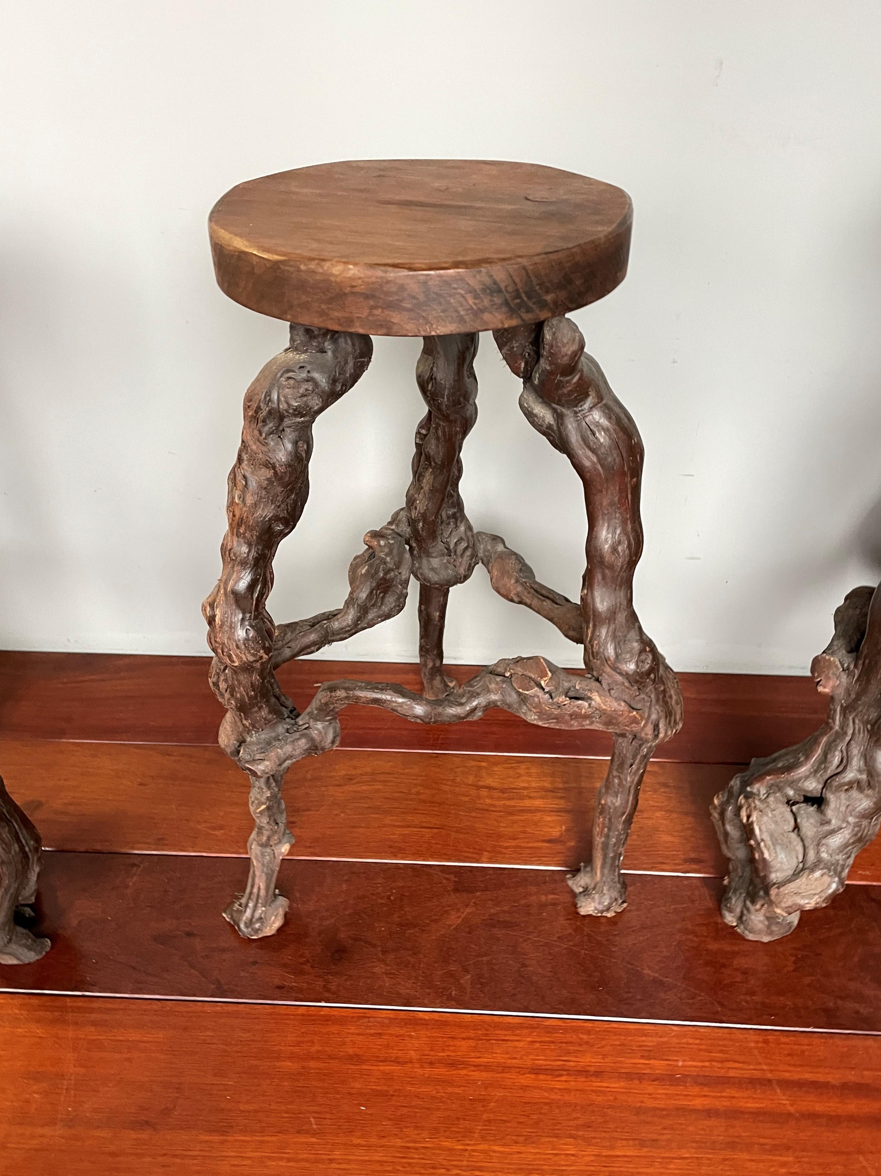 Midcentury Made & Ideal Height Set of Four 4 Grape Wood / Vine Stools & Wine Bar For Sale 7