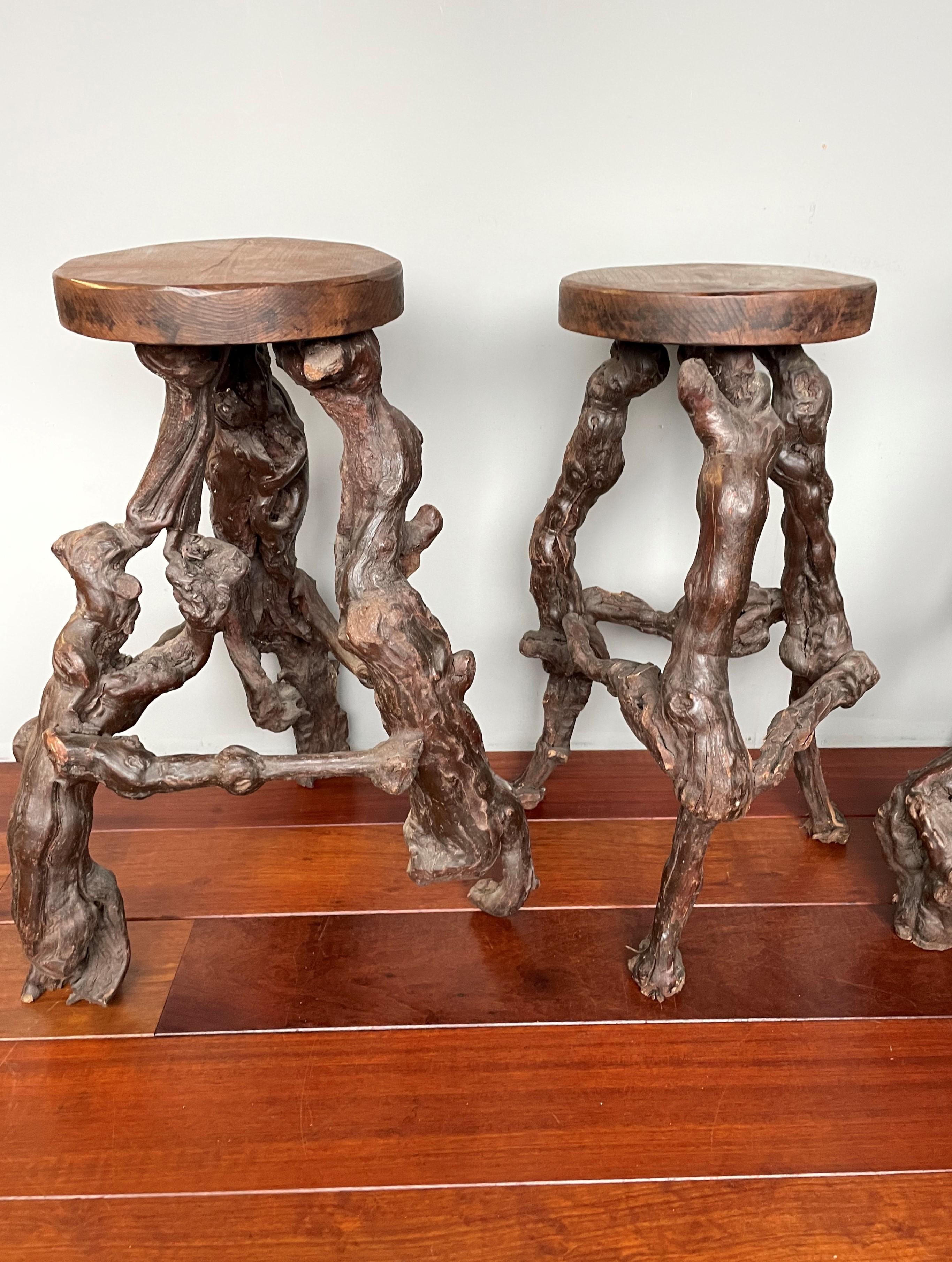 Midcentury Made & Ideal Height Set of Four 4 Grape Wood / Vine Stools & Wine Bar For Sale 10