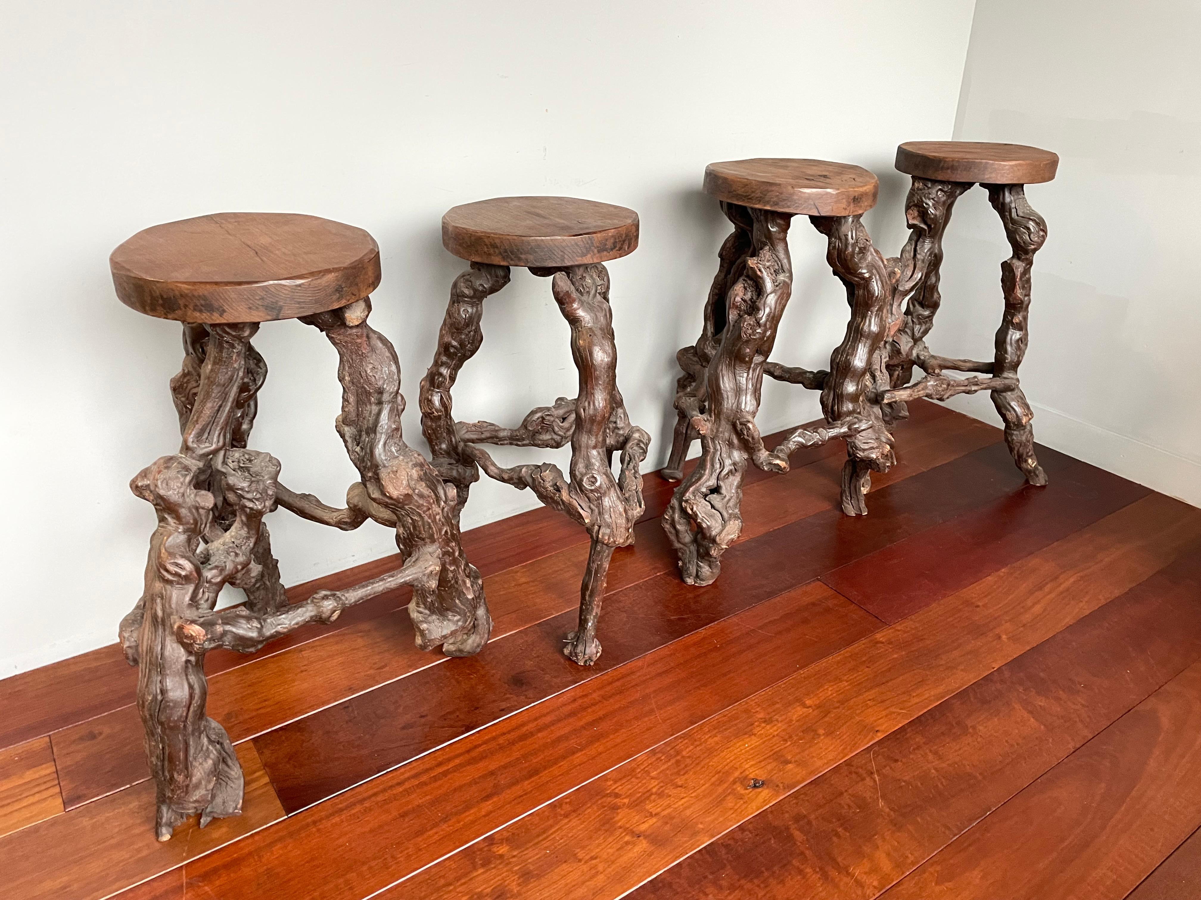 Midcentury Made & Ideal Height Set of Four 4 Grape Wood / Vine Stools & Wine Bar For Sale 11