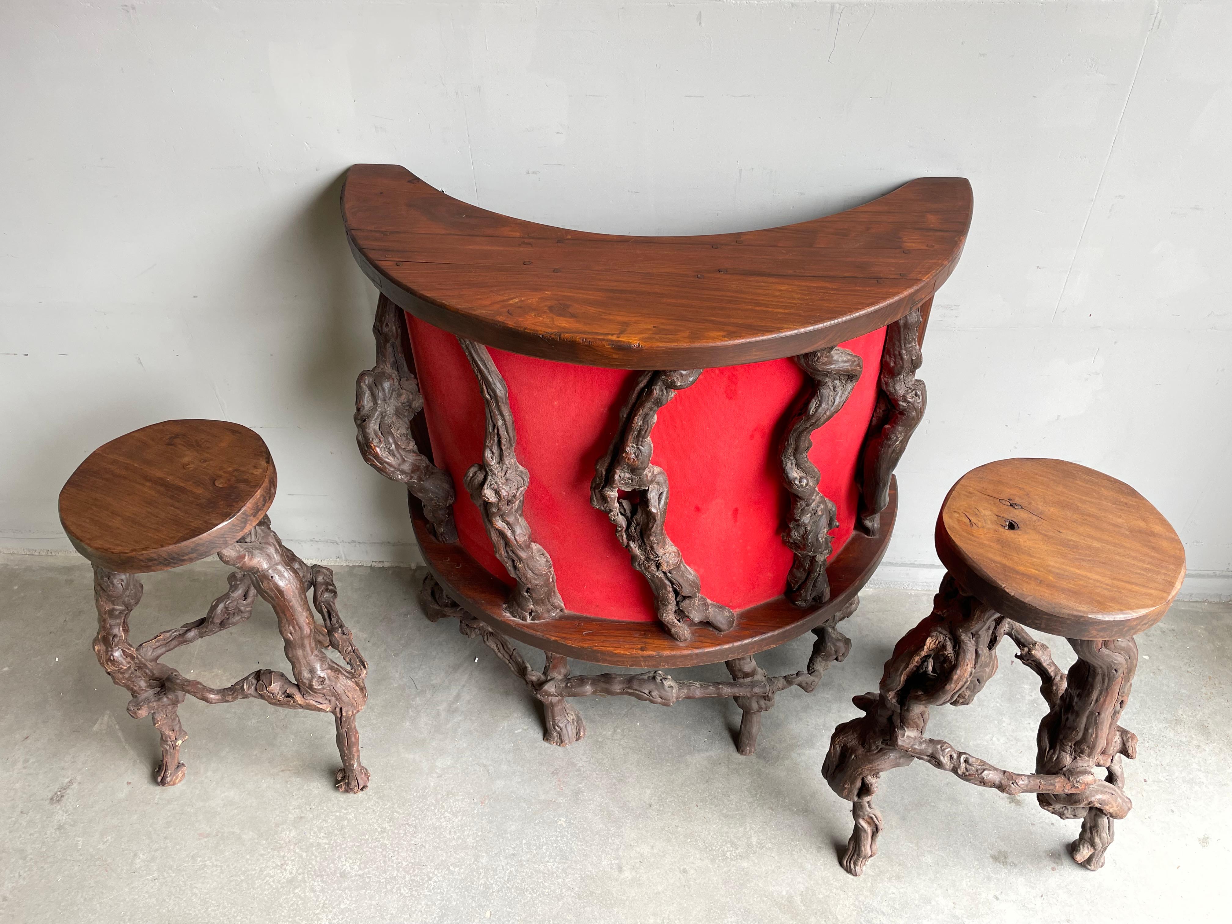 Midcentury Made & Ideal Height Set of Four 4 Grape Wood / Vine Stools & Wine Bar For Sale 1