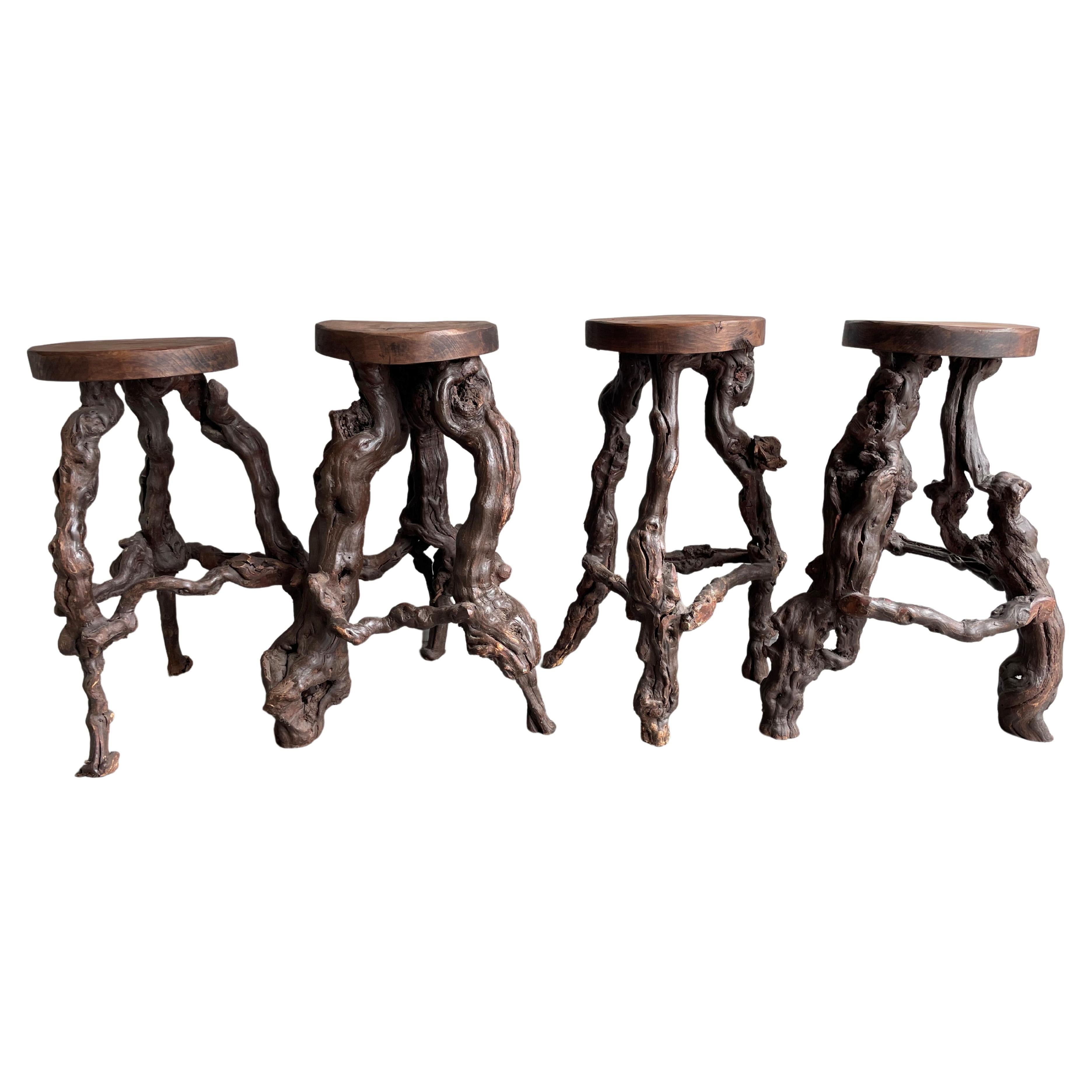 Midcentury Made & Ideal Height Set of Four 4 Grape Wood / Vine Stools & Wine Bar For Sale