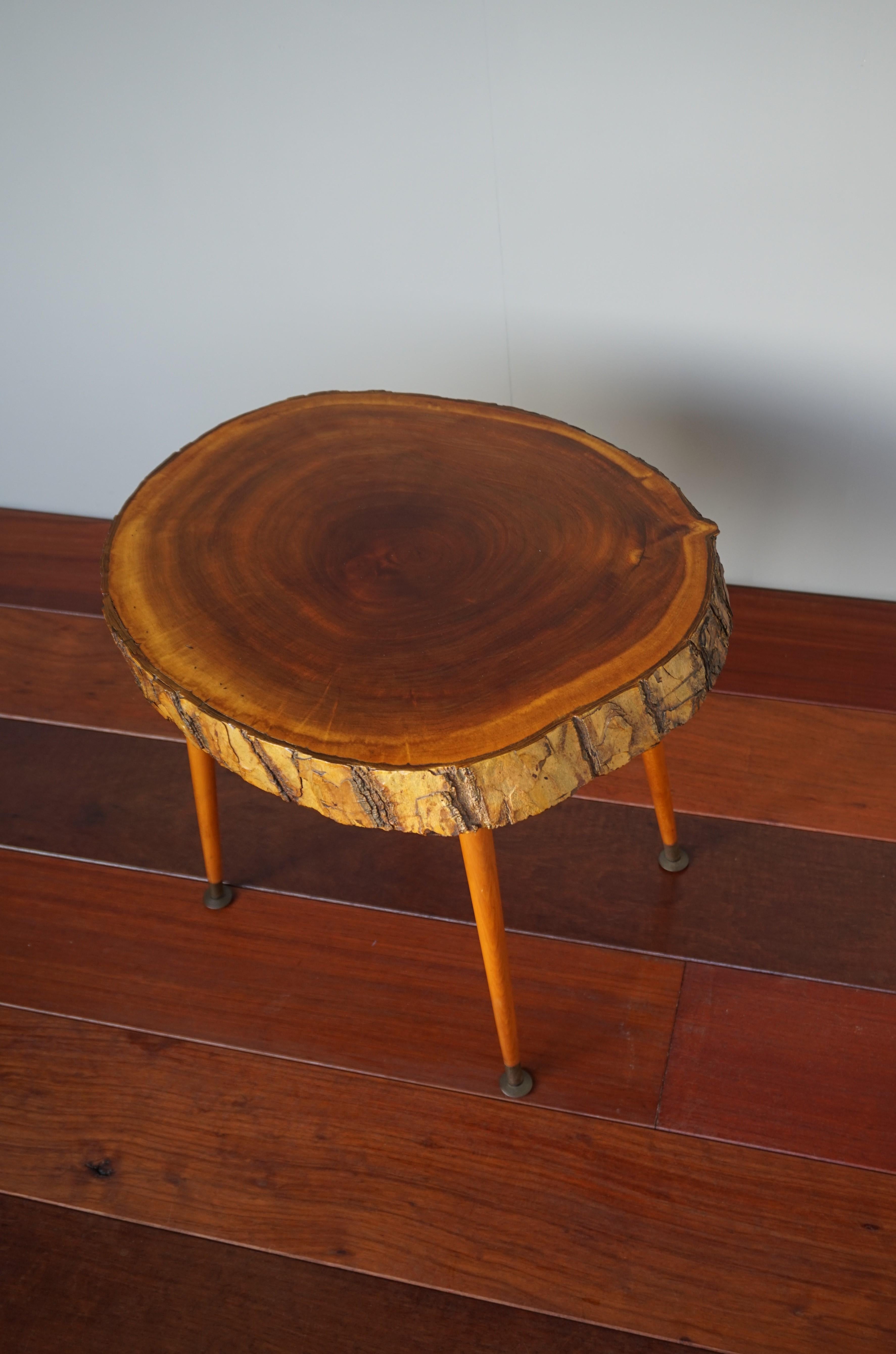 Hand-Crafted Midcentury Made Organic Modern Wine or End Table with Walnut & Bark Table Top For Sale