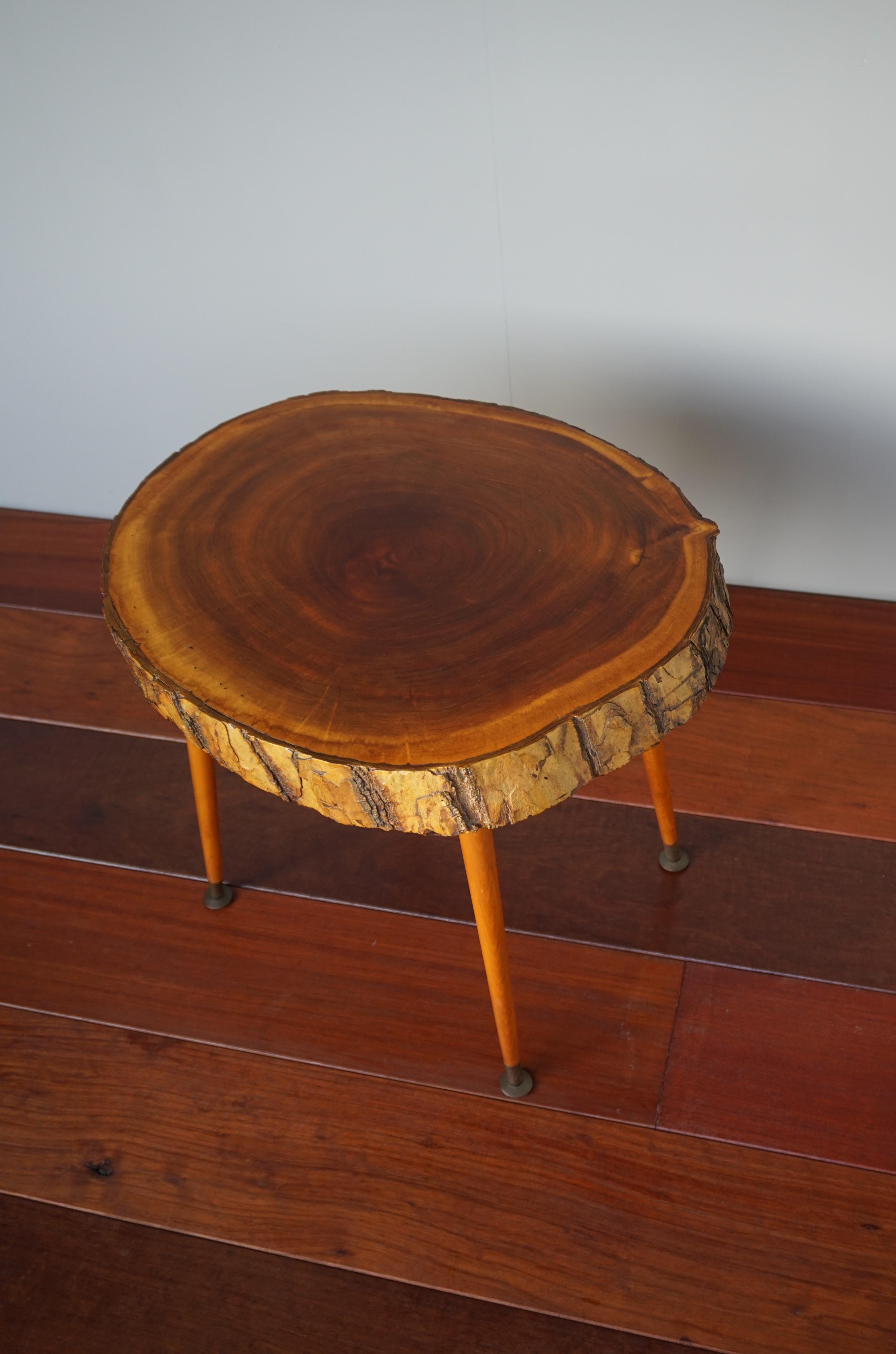 Hand-Crafted Midcentury Made Organic Modern Wine or End Table with Walnut & Bark Table Top