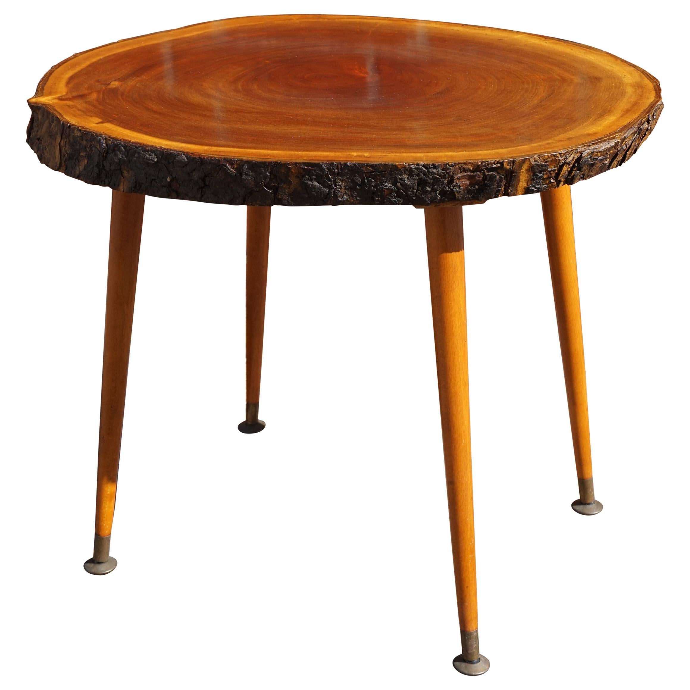 Midcentury Made Organic Modern Wine or End Table with Walnut & Bark Table Top For Sale