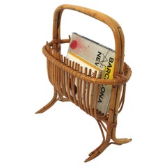 Midcentury Magazine Rack in Rattan, Italian Designer, Organic Modern Design