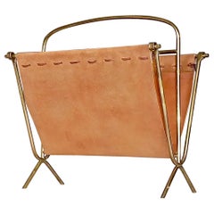 Midcentury Magazine Rack Stand Brass Stitched Suede Leather Kalmar 1950s Austria
