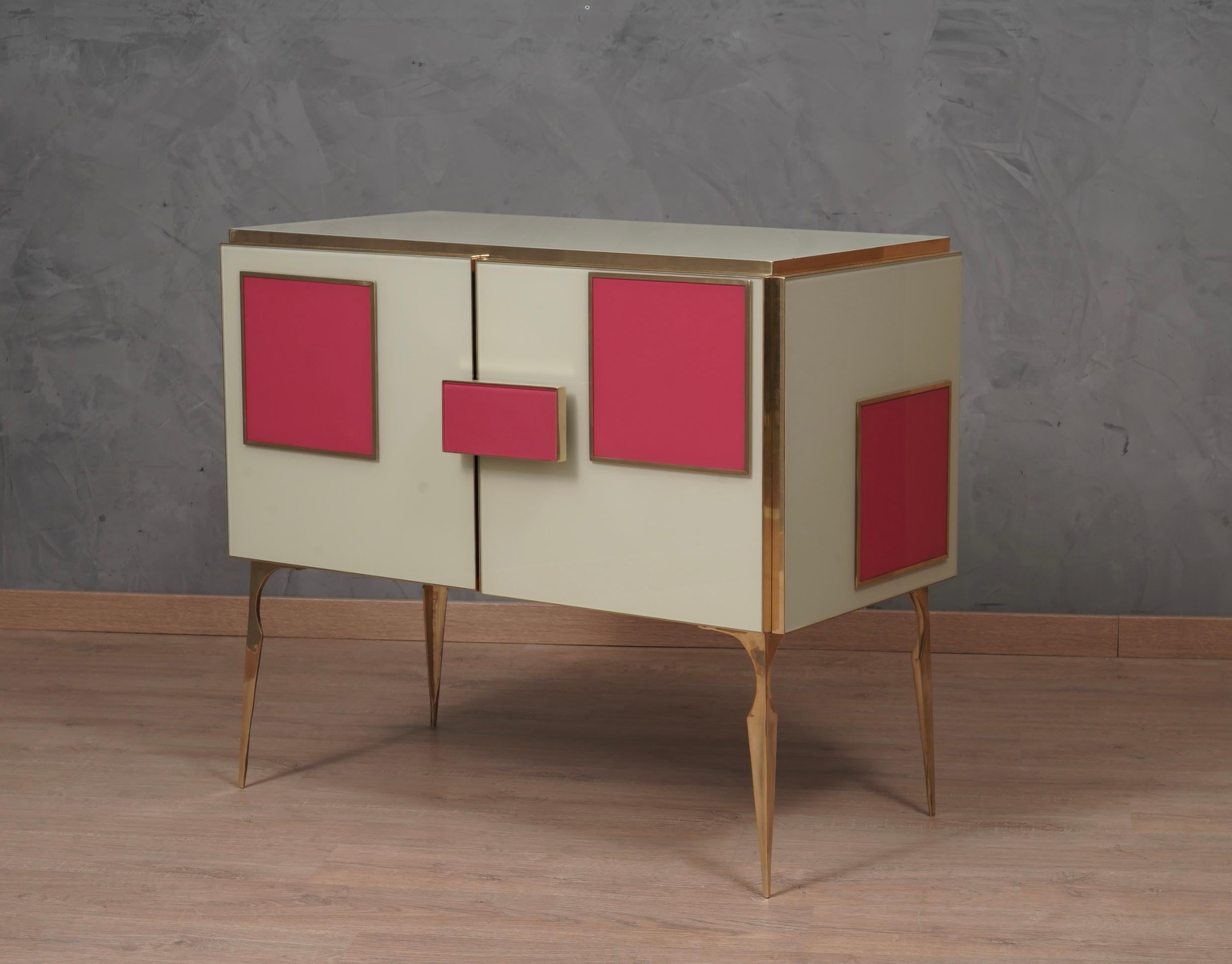 Contemporary MidCentury Magenta and Cream Glass and Brass Italian Sideboard, 2000