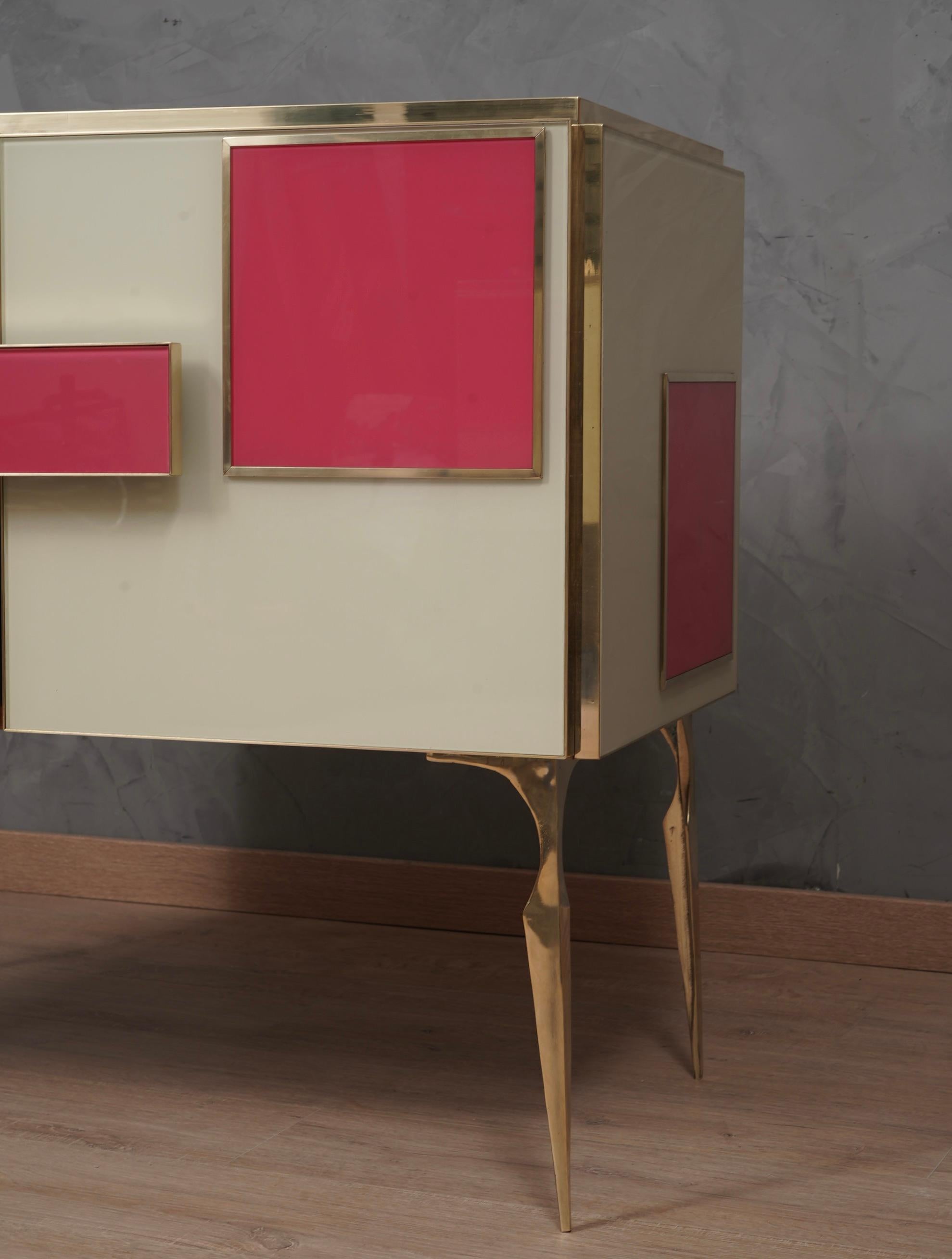 MidCentury Magenta and Cream Glass and Brass Italian Sideboard, 2000 1