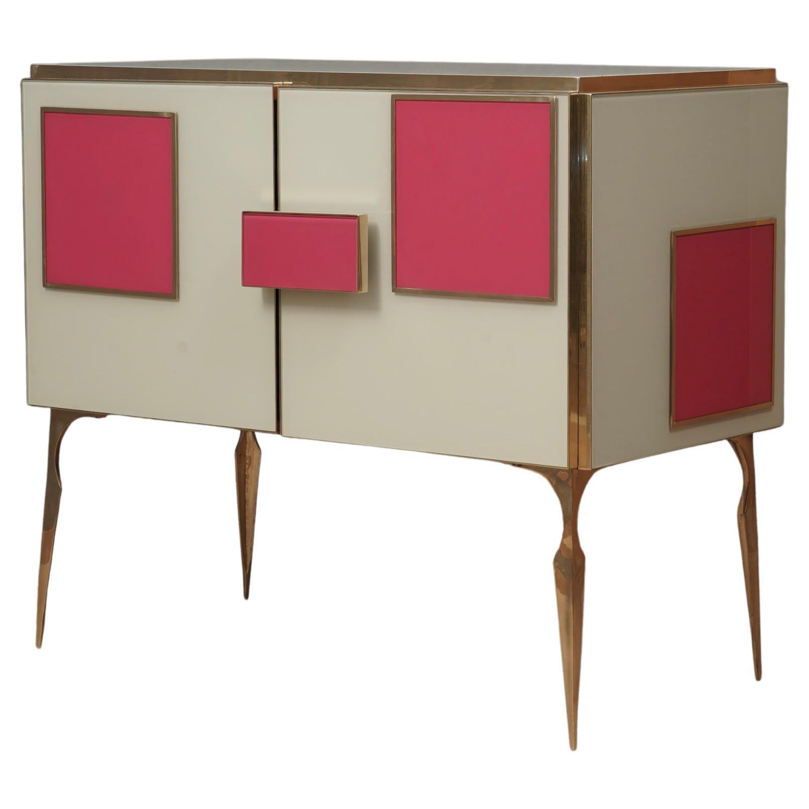 MidCentury Magenta and Cream Glass and Brass Italian Sideboard, 2000