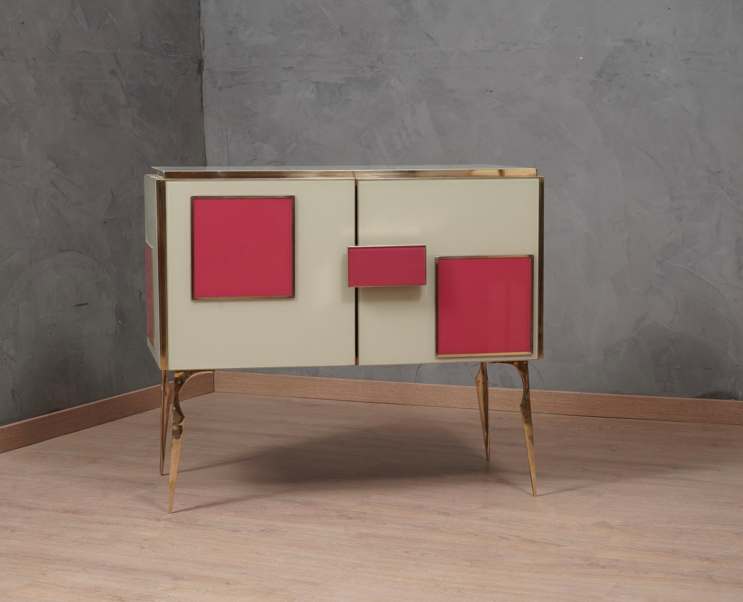 Contemporary MidCentury Magenta and White Glass and Brass Italian Sideboard, 2000