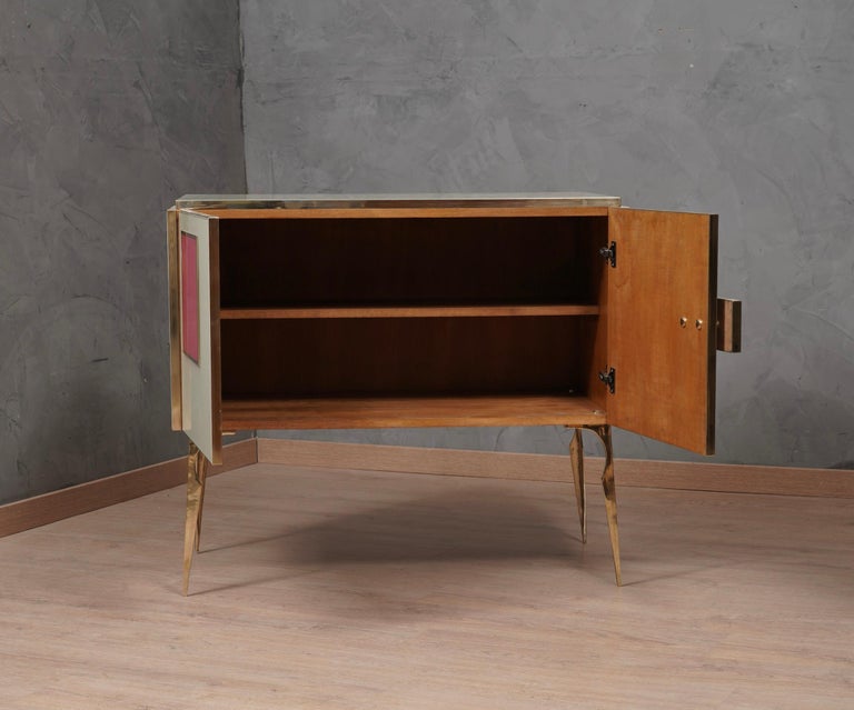 Contemporary MidCentury Magenta and White Glass and Brass Italian Sideboard, 2000 For Sale