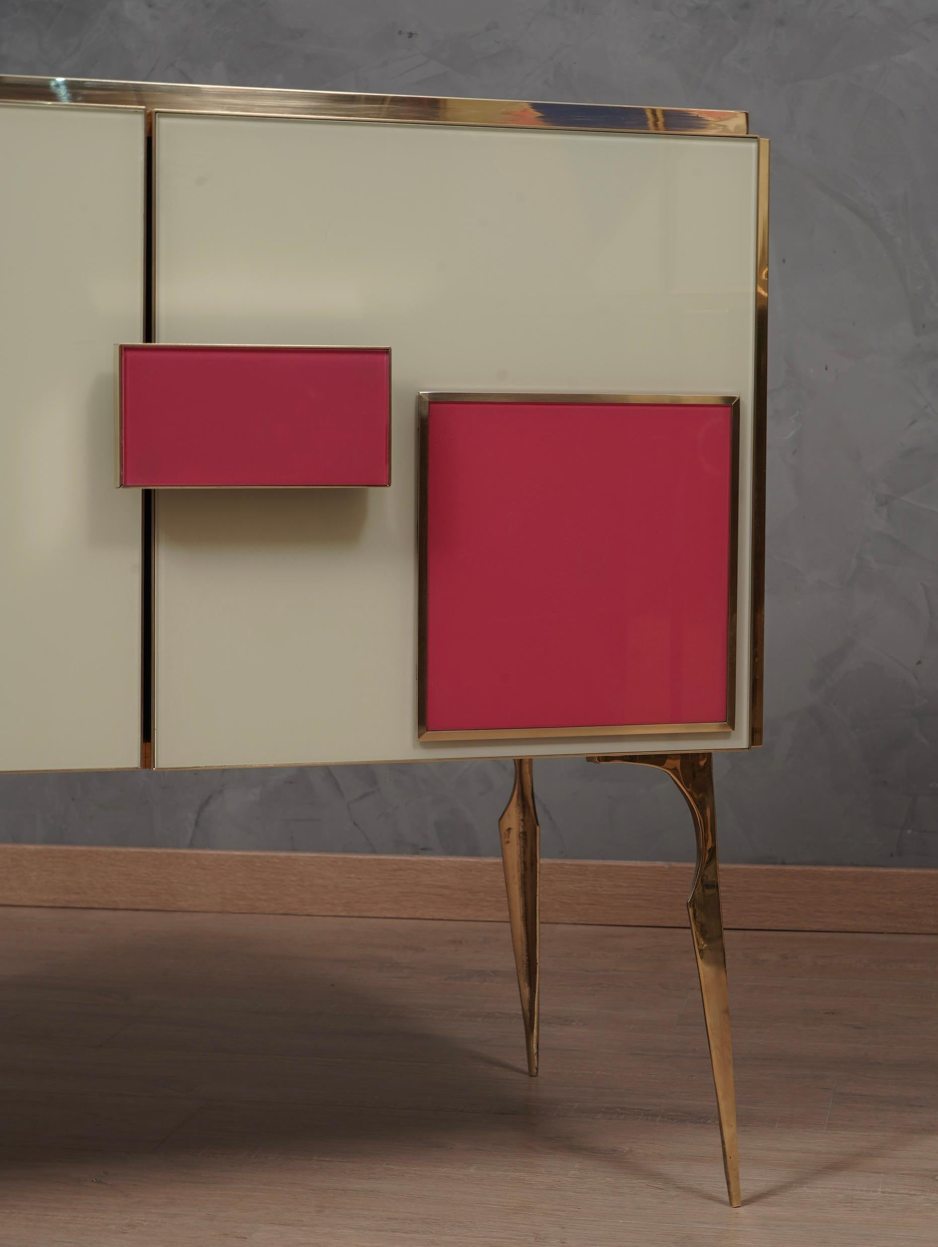 MidCentury Magenta and White Glass and Brass Italian Sideboard, 2000 2