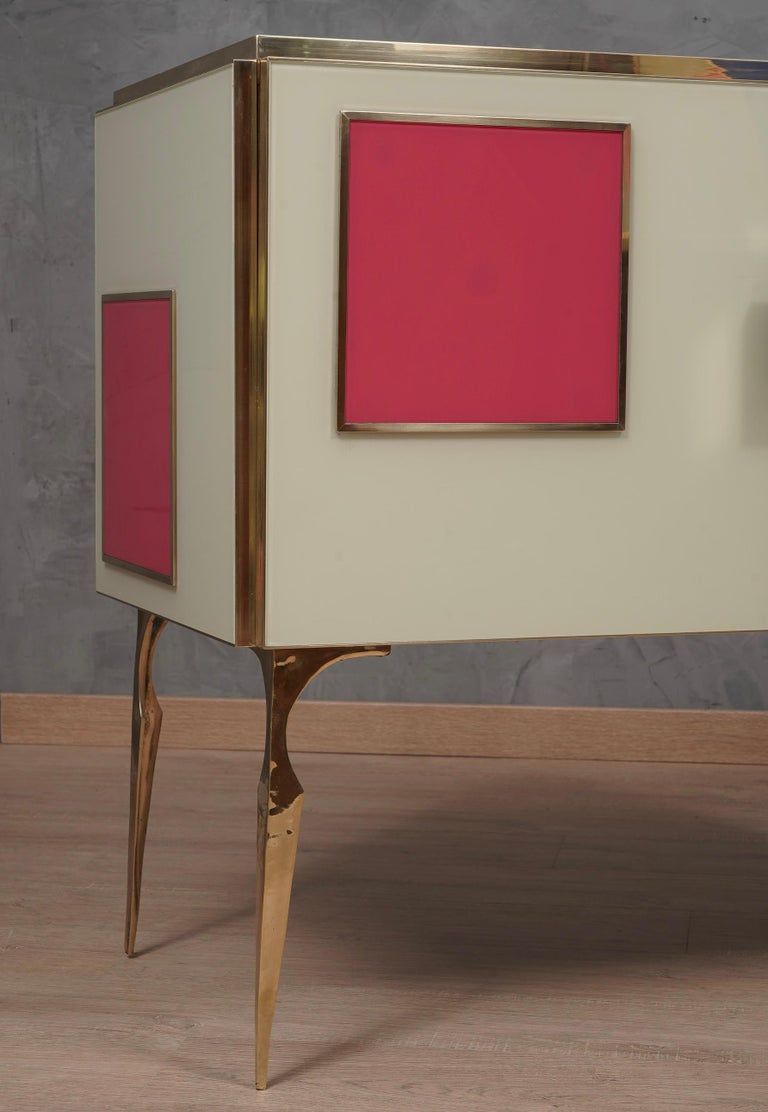 MidCentury Magenta and White Glass and Brass Italian Sideboard, 2000 For Sale 2