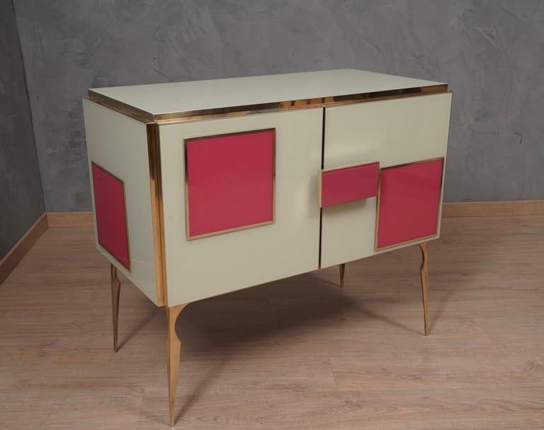 MidCentury Magenta and White Glass and Brass Italian Sideboard, 2000 For Sale 3