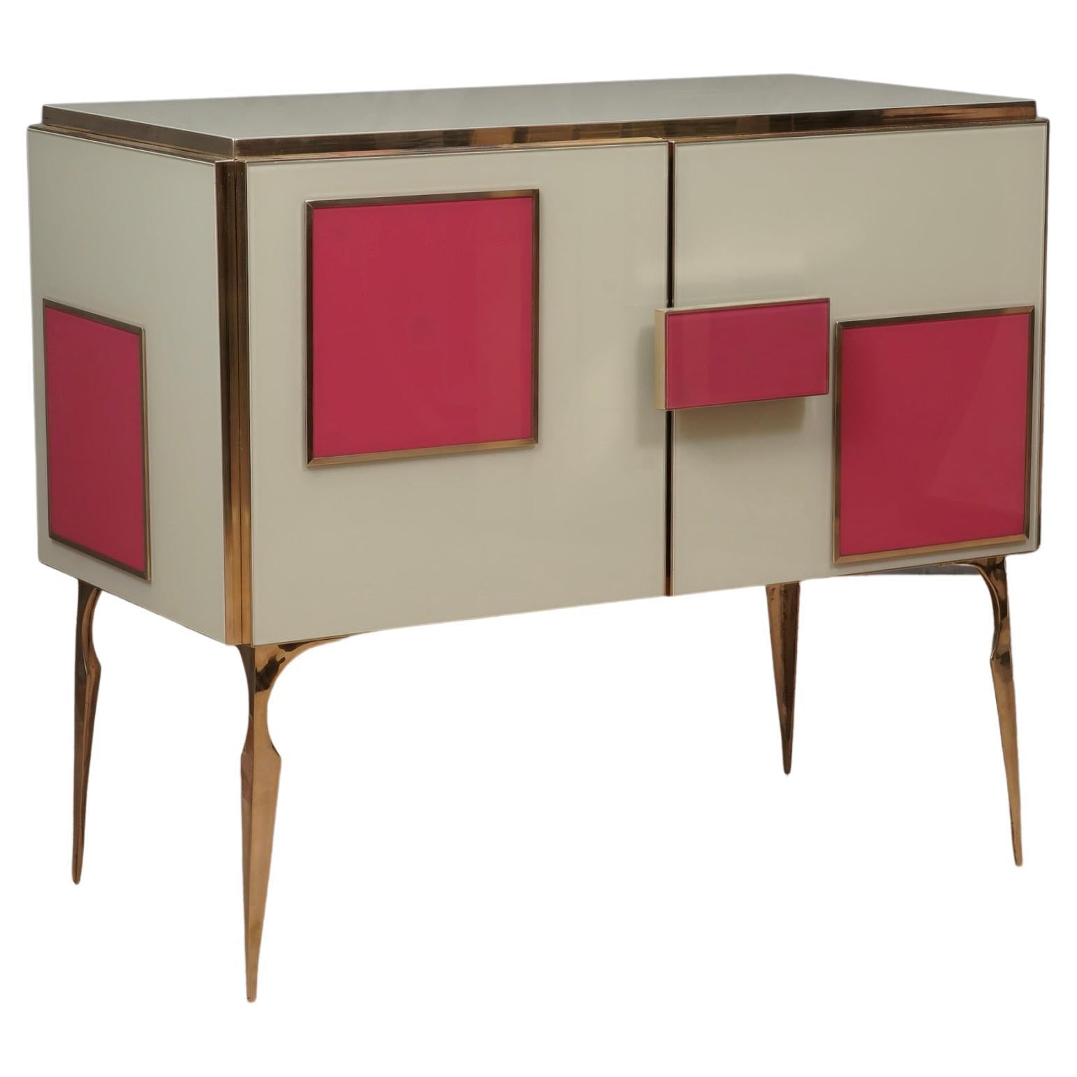 MidCentury Magenta and White Glass and Brass Italian Sideboard, 2000