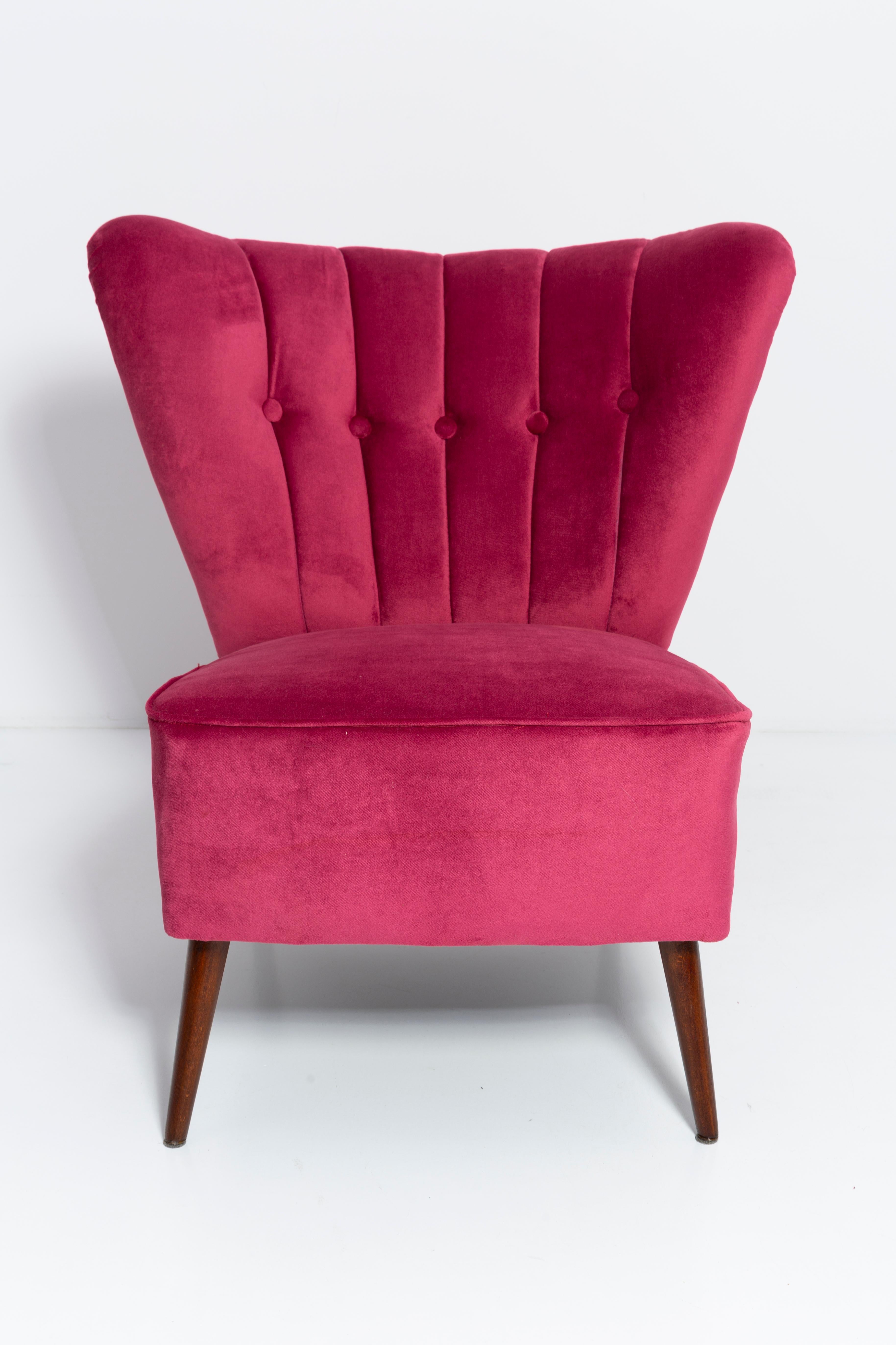 Midcentury Magenta Pink Velvet Club Armchair, Europe, 1960s In Excellent Condition For Sale In 05-080 Hornowek, PL