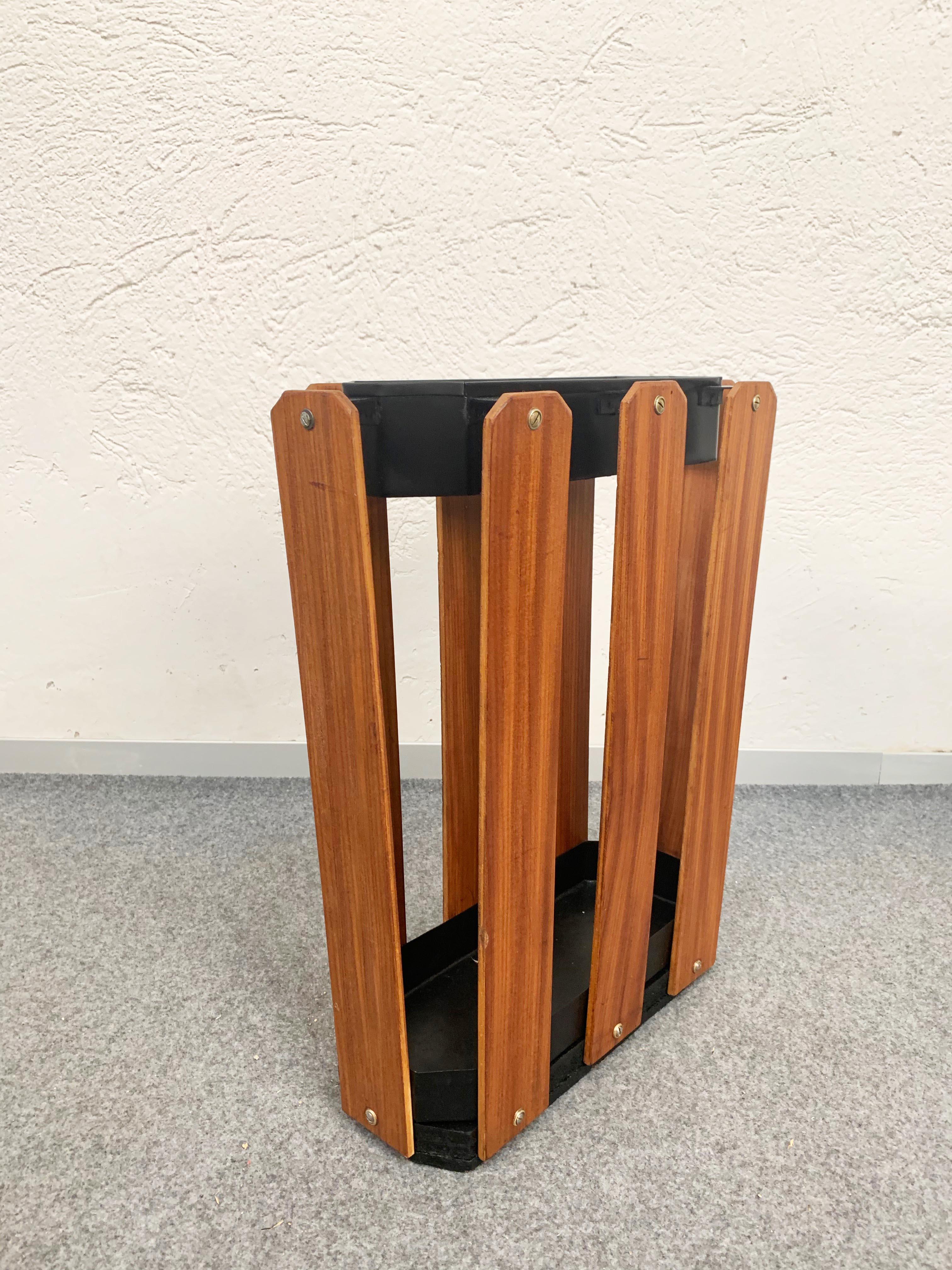 Lacquered Midcentury Wood and Black Painted Metal Italian Umbrella Stand, 1970s
