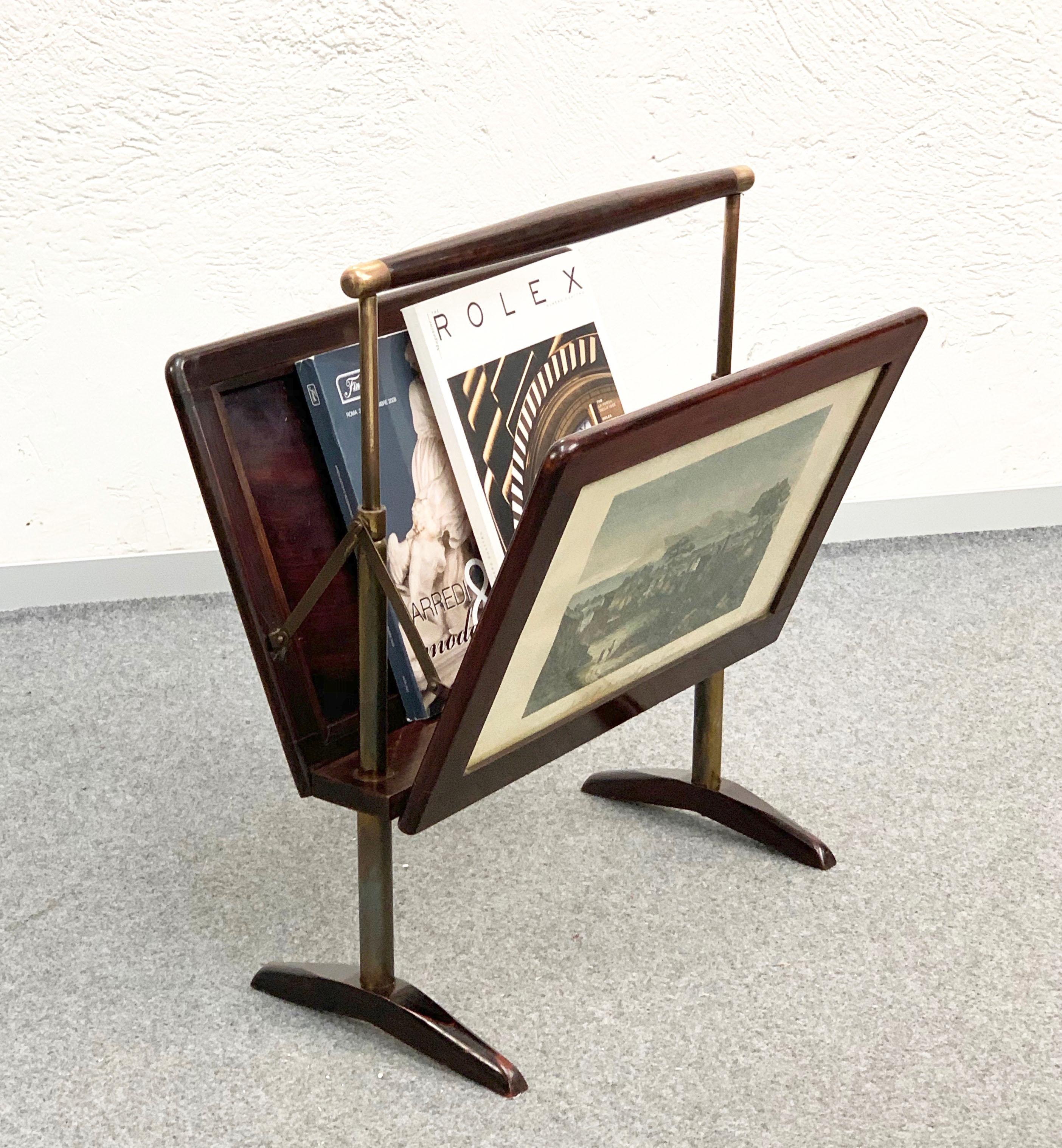 Midcentury Wood and Brass Italian Magazine Rack in Ico Parisi Style, 1950s For Sale 7