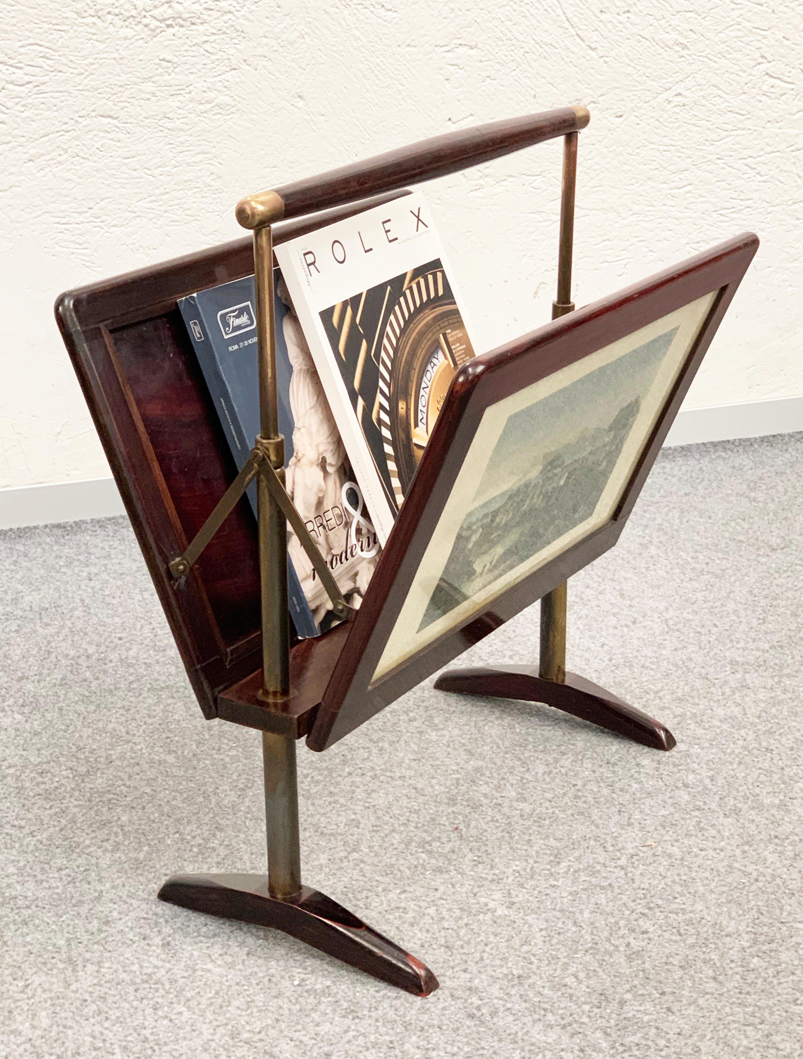 Midcentury Wood and Brass Italian Magazine Rack in Ico Parisi Style, 1950s For Sale 9