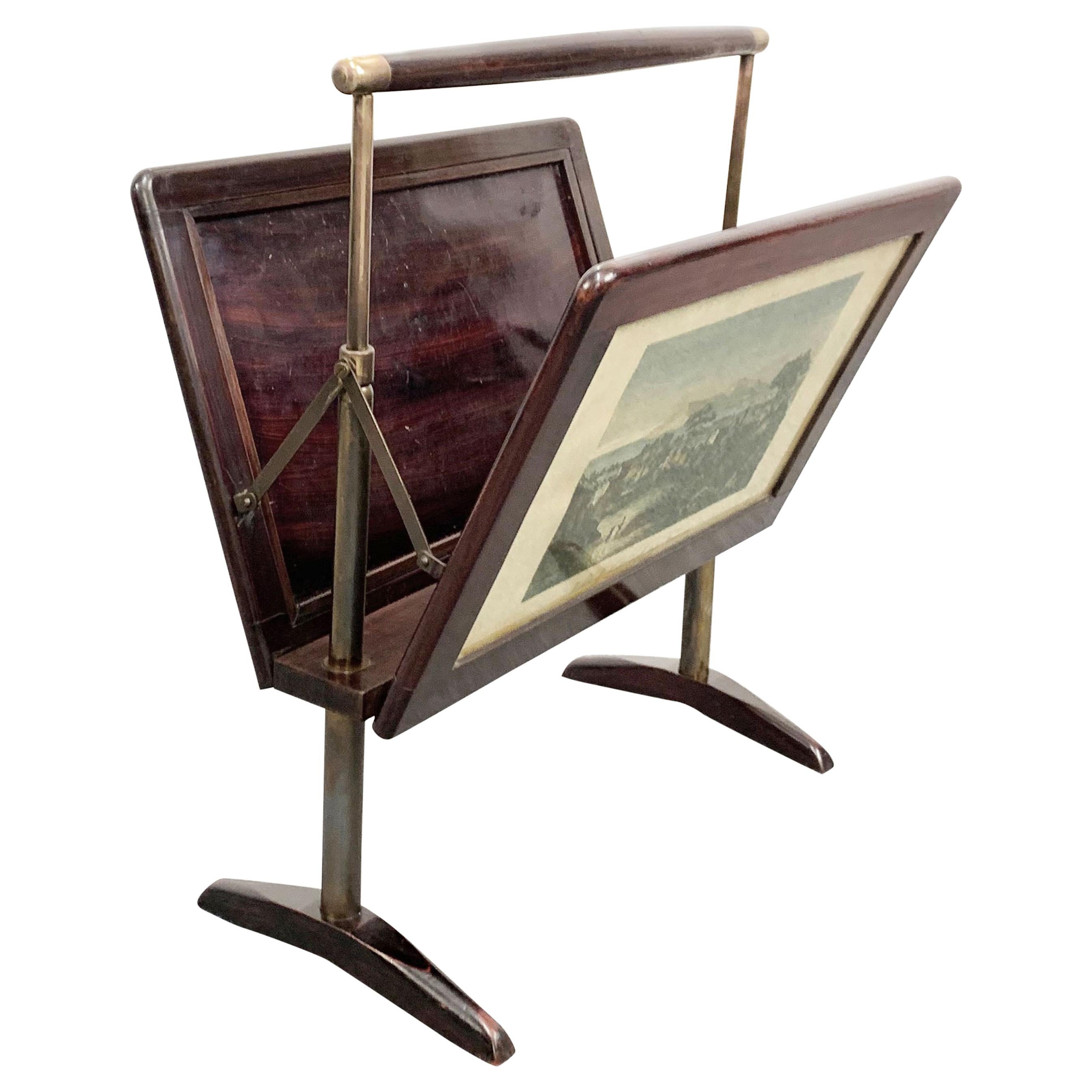 Midcentury Wood and Brass Italian Magazine Rack in Ico Parisi Style, 1950s For Sale