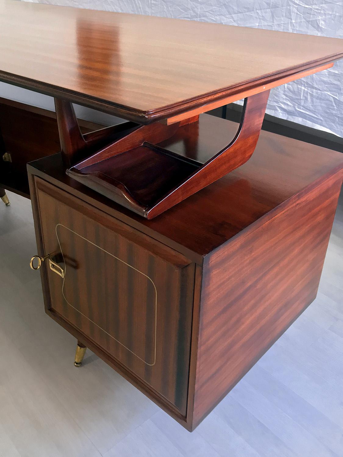 Brass Midcentury Mahogany Desk and Bookcase by La Permanente Mobili Cantù, 1950s