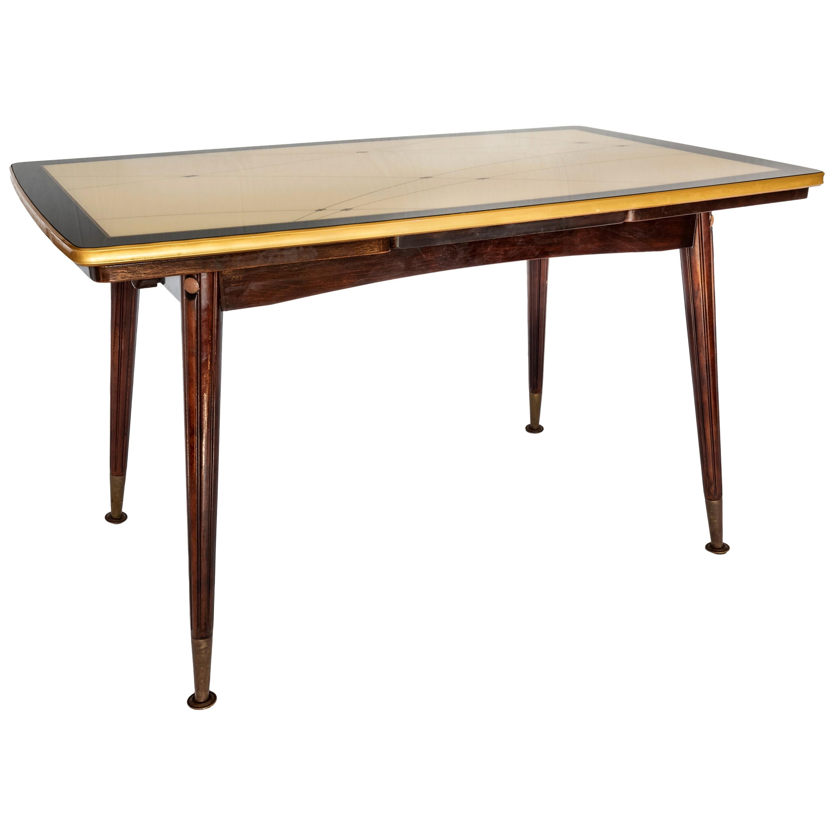 Midcentury Mahogany Extendable Lifting Table, Resopal Glass Plate, Ilse Möbel