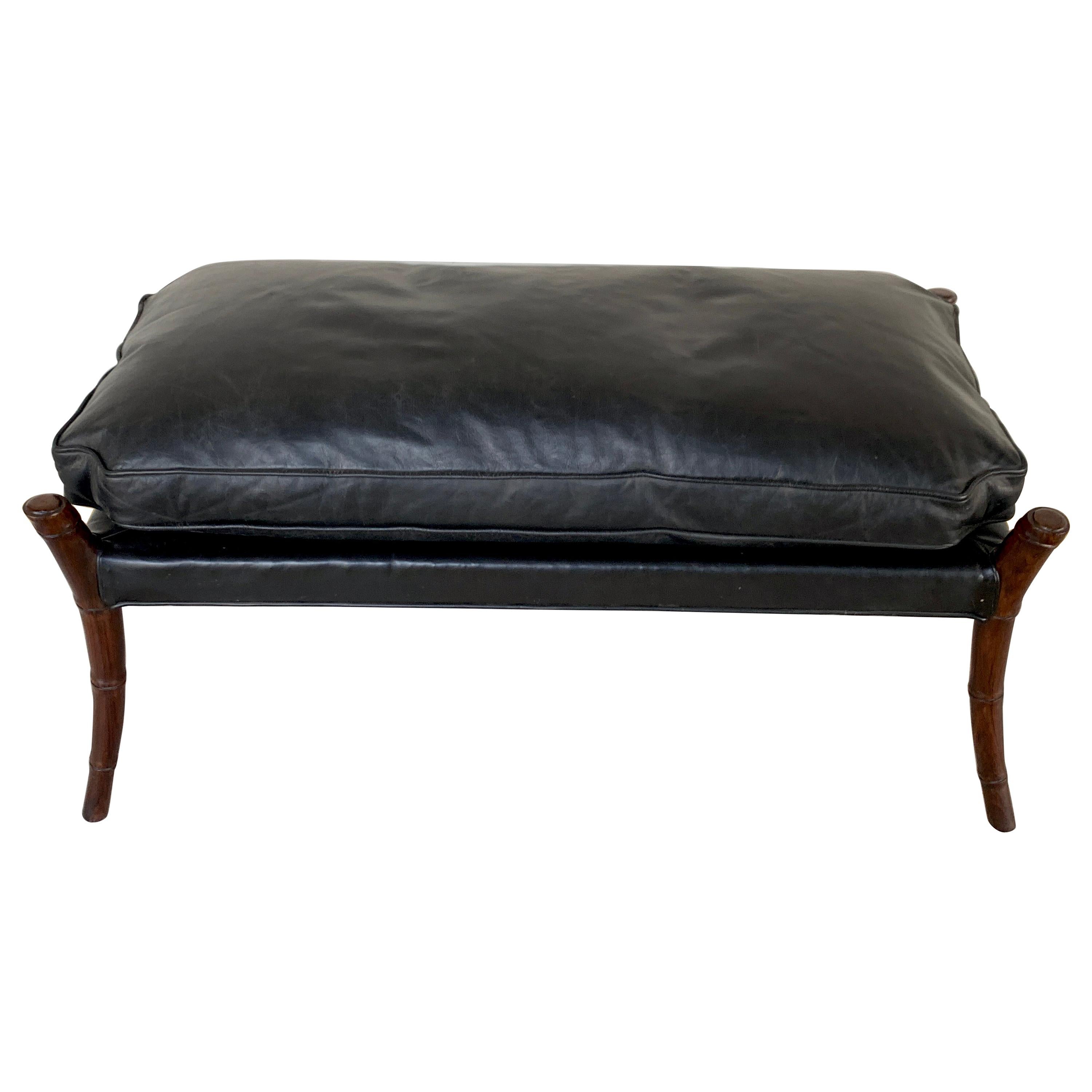 Midcentury Mahogany Faux Bamboo Leather Bench For Sale