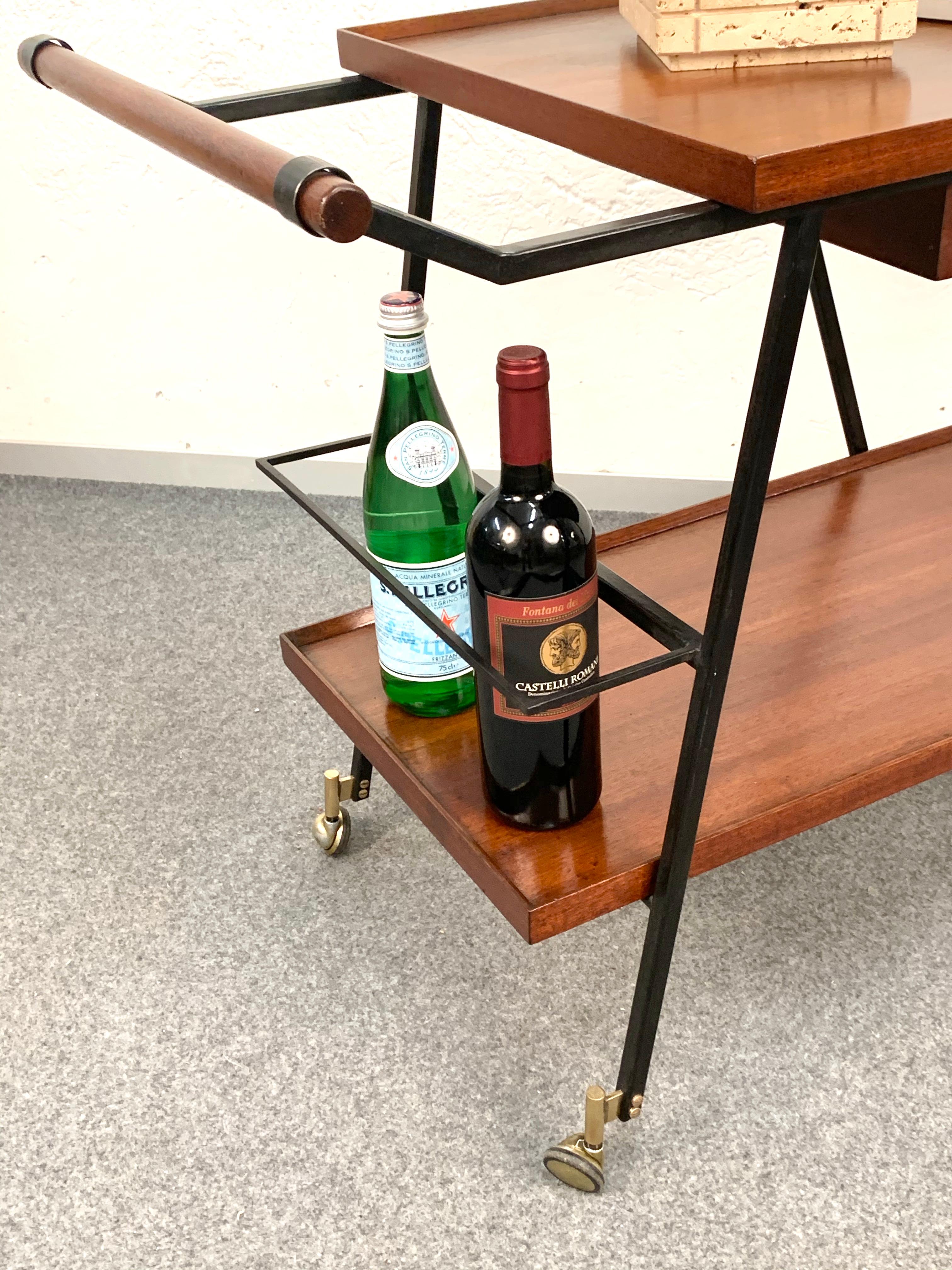 Midcentury Wood Italian Bar Trolley with Bottle Holder and Drawer, 1960s 2