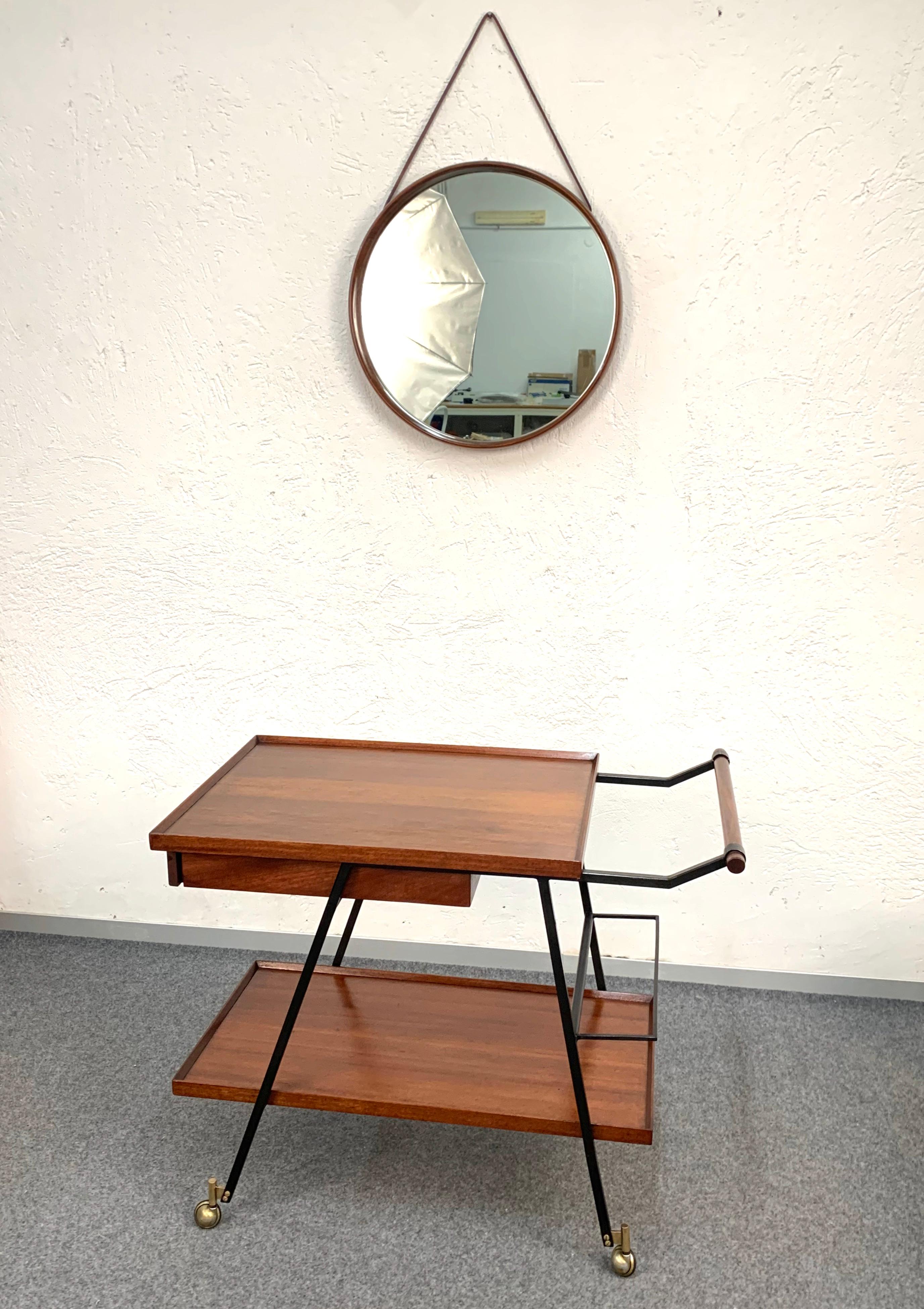 Mid-Century Modern Midcentury Wood Italian Bar Trolley with Bottle Holder and Drawer, 1960s