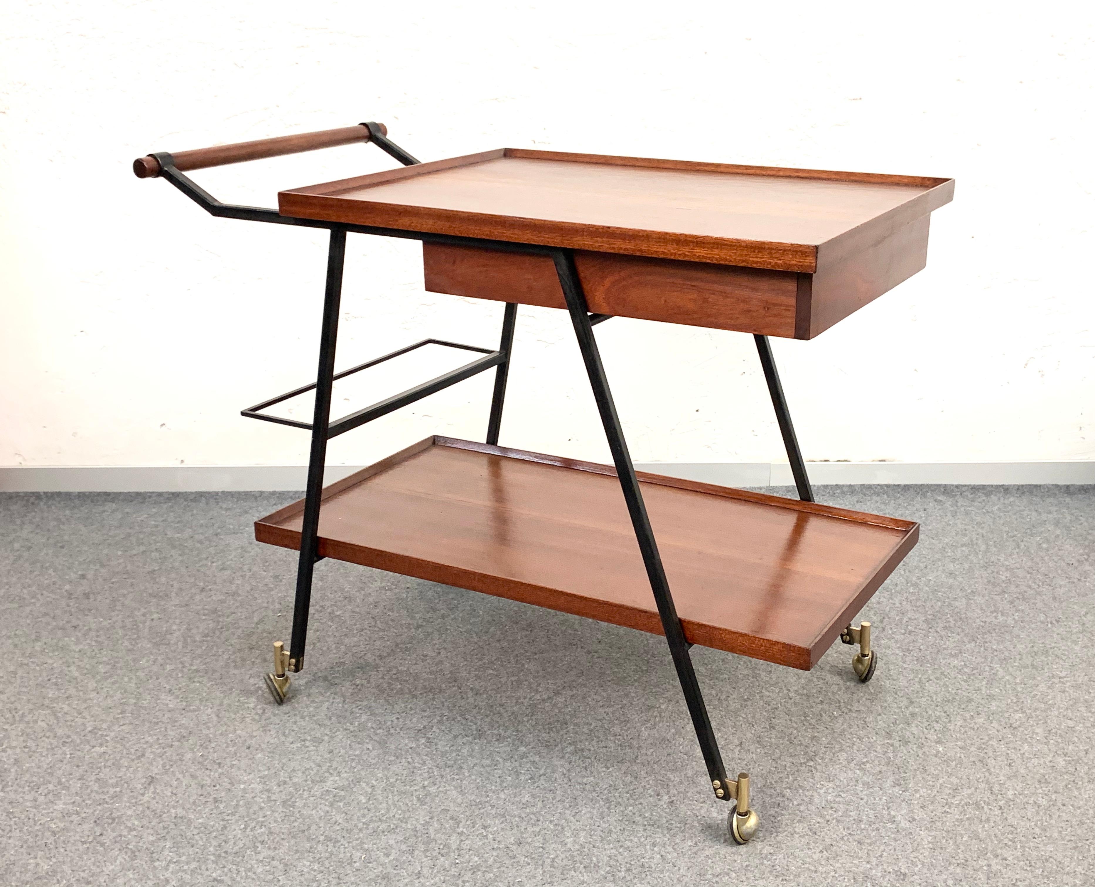 Enameled Midcentury Wood Italian Bar Trolley with Bottle Holder and Drawer, 1960s