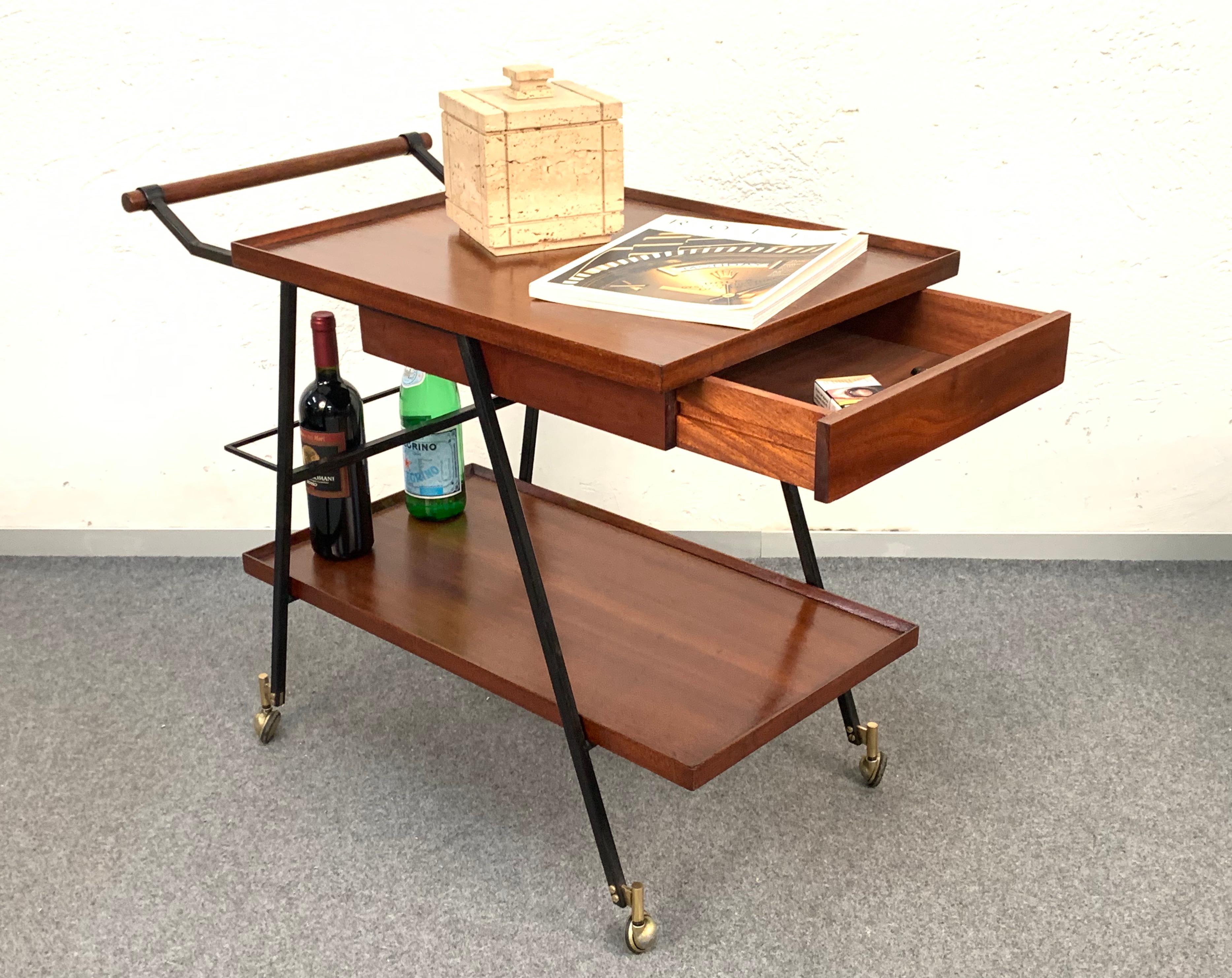 Mid-20th Century Midcentury Wood Italian Bar Trolley with Bottle Holder and Drawer, 1960s