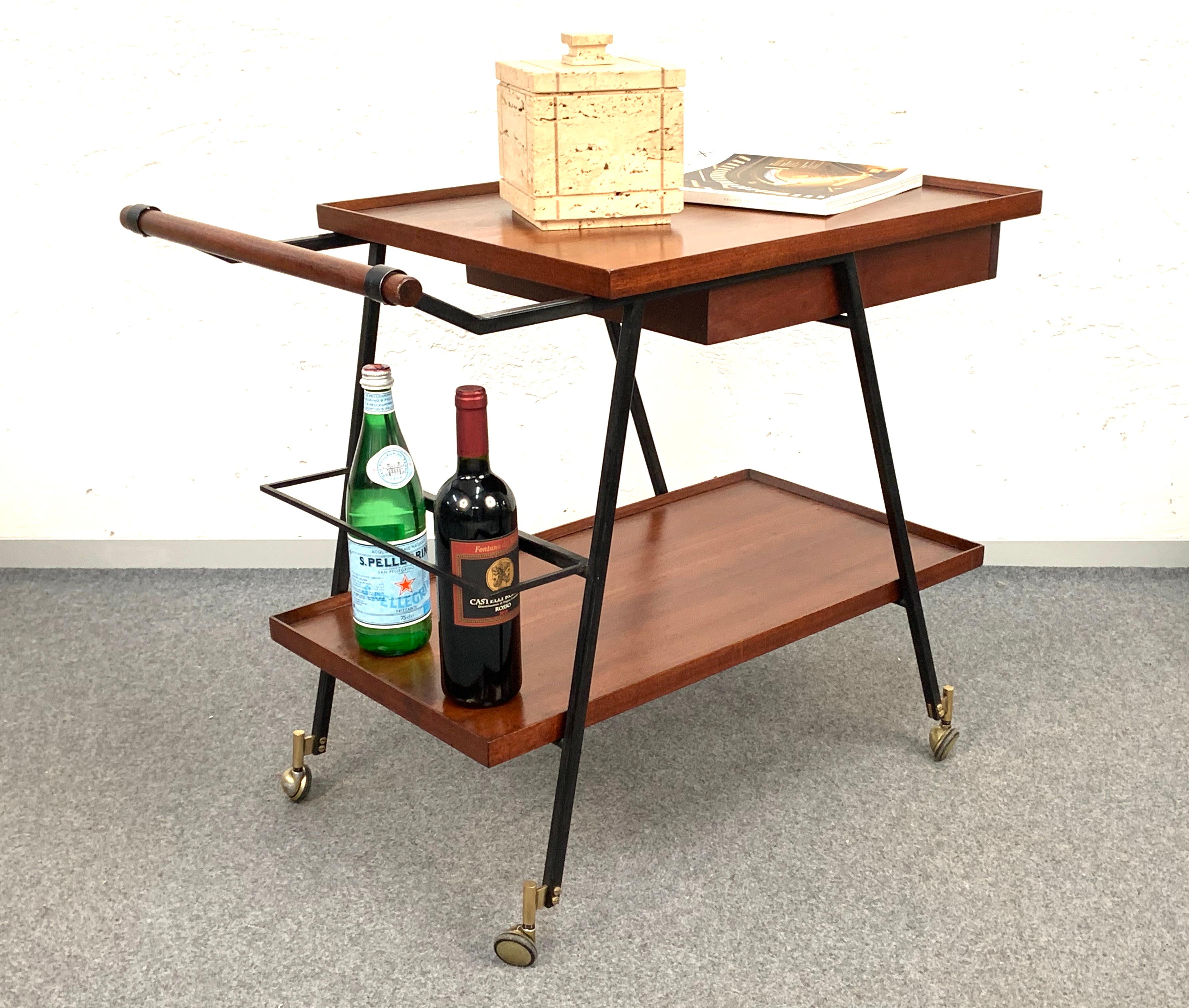Iron Midcentury Wood Italian Bar Trolley with Bottle Holder and Drawer, 1960s