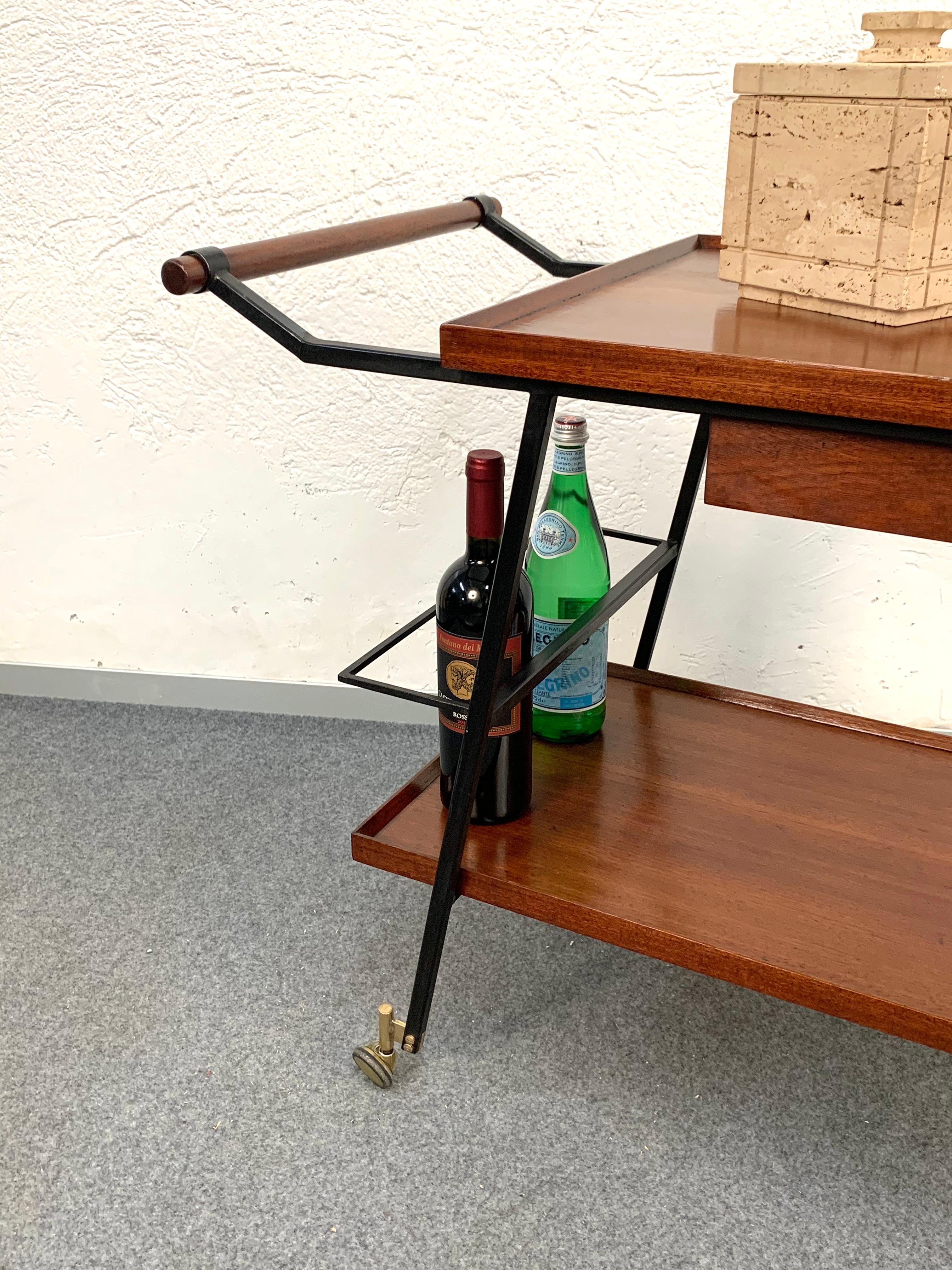 Midcentury Wood Italian Bar Trolley with Bottle Holder and Drawer, 1960s 1