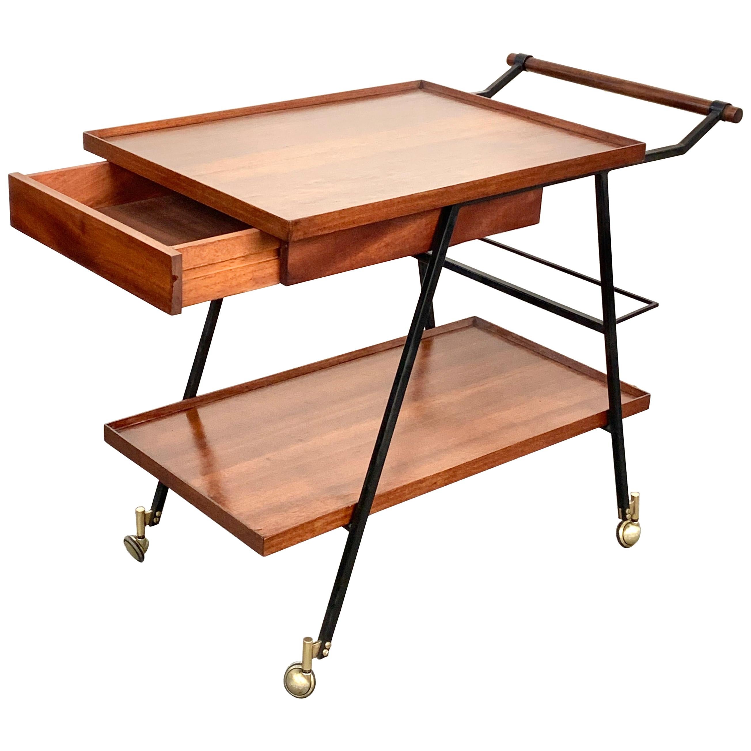 Midcentury Wood Italian Bar Trolley with Bottle Holder and Drawer, 1960s