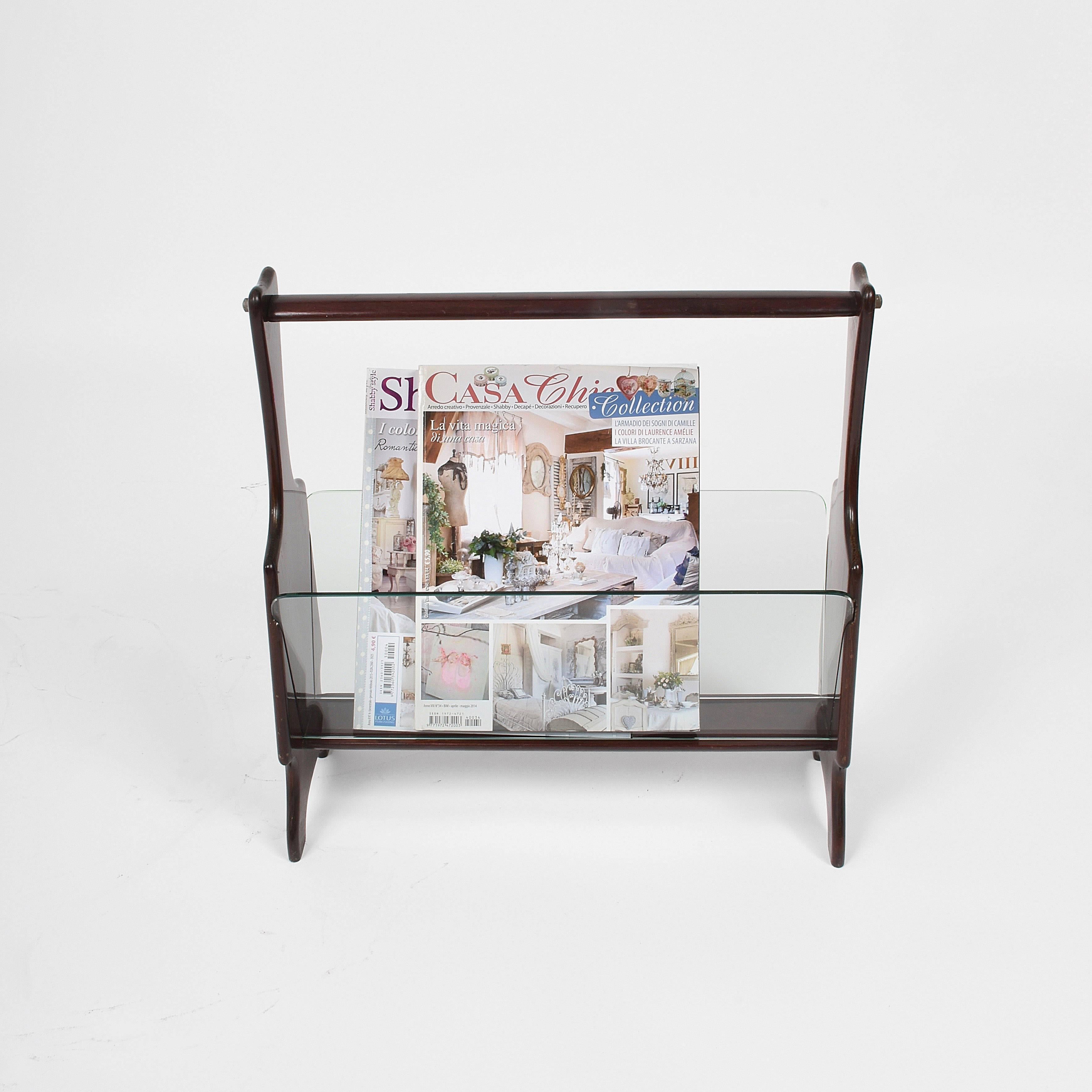 Brass Midcentury Wood Italian Magazine Rack Attributed to Ico Parisi, 1950s For Sale