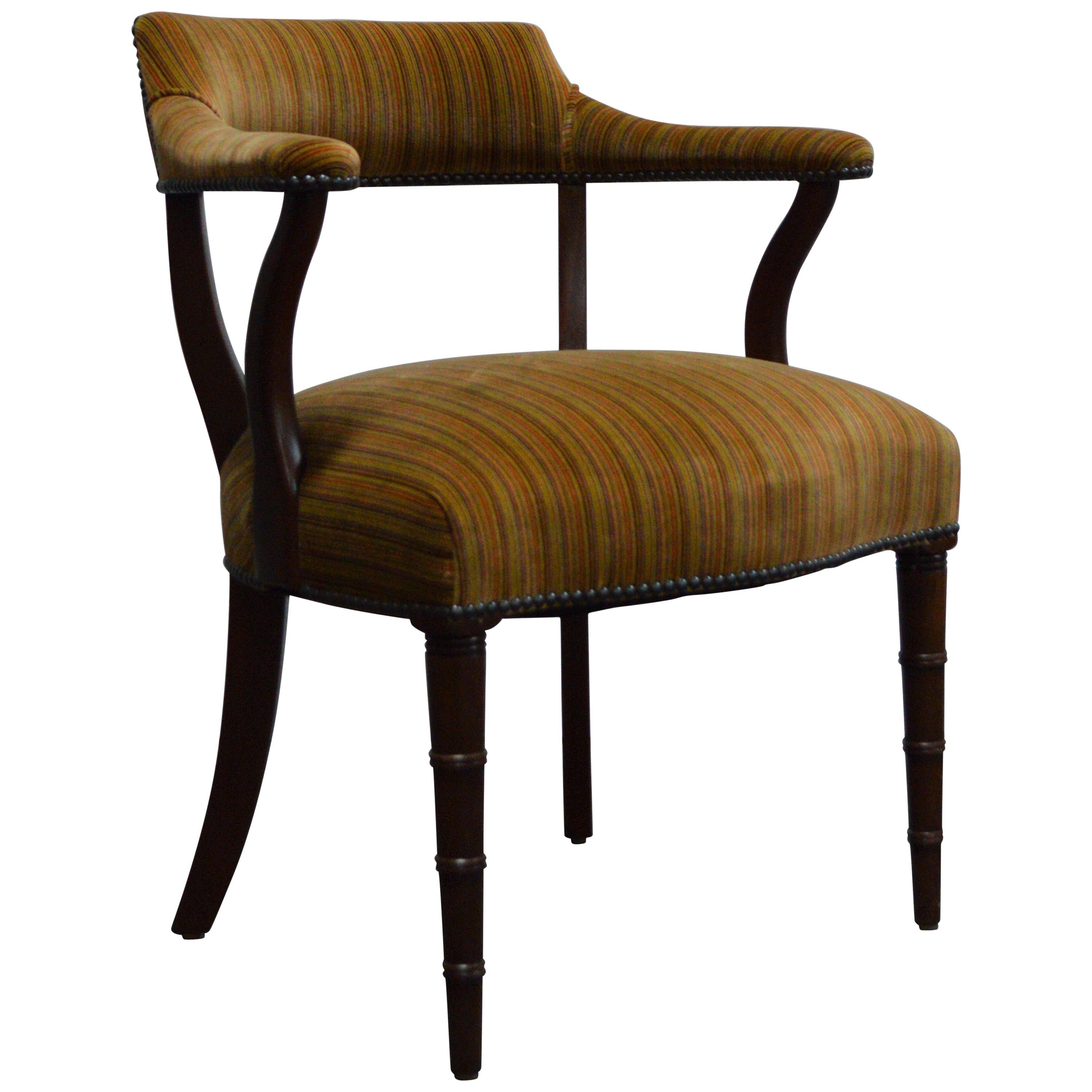 Midcentury Mahogany Regency Style Barrel Library Chair with Faux Bamboo Legs