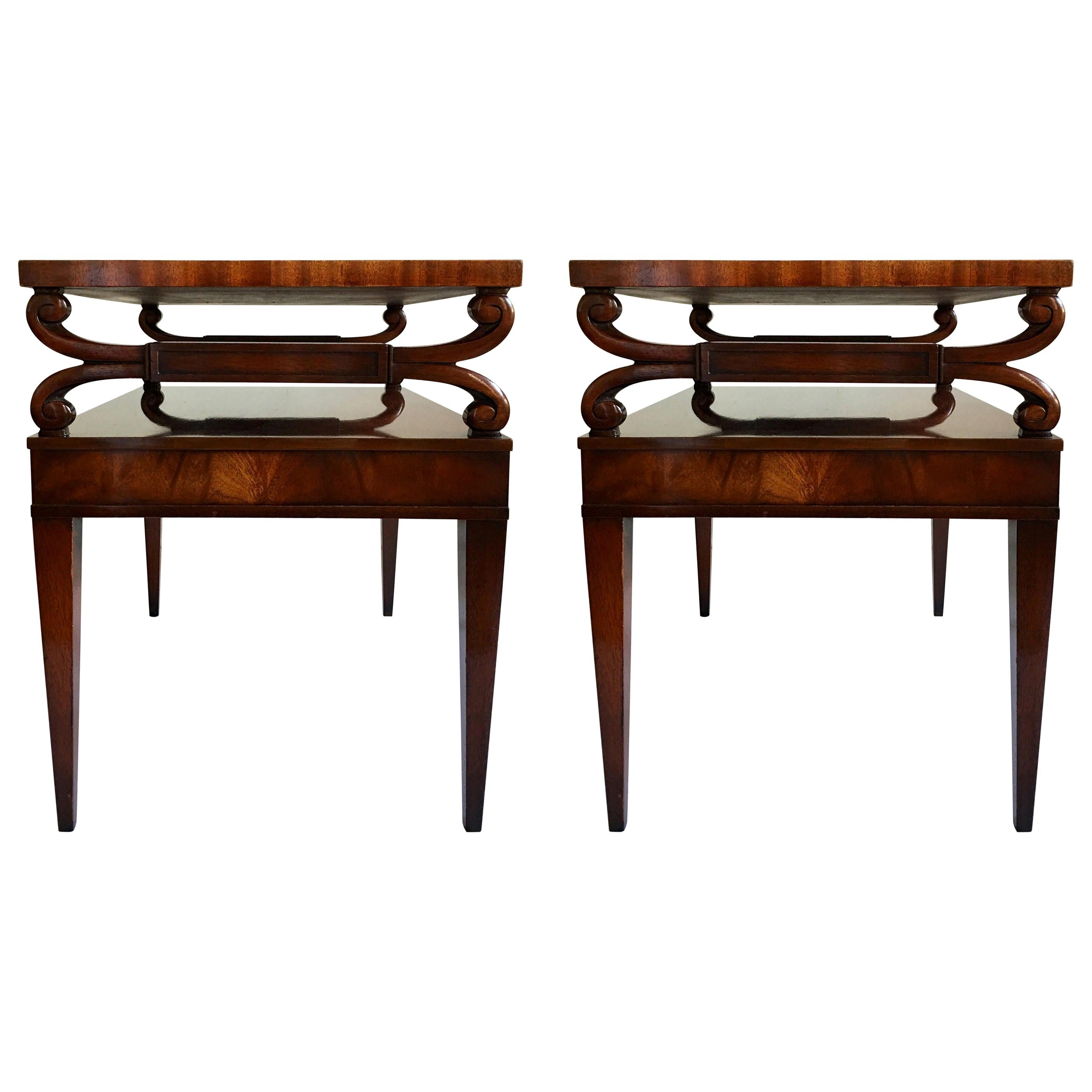 Midcentury Mahogany Scrolled Leather End Side Tables by Weiman, Pair