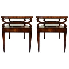 Vintage Midcentury Mahogany Scrolled Leather End Side Tables by Weiman, Pair