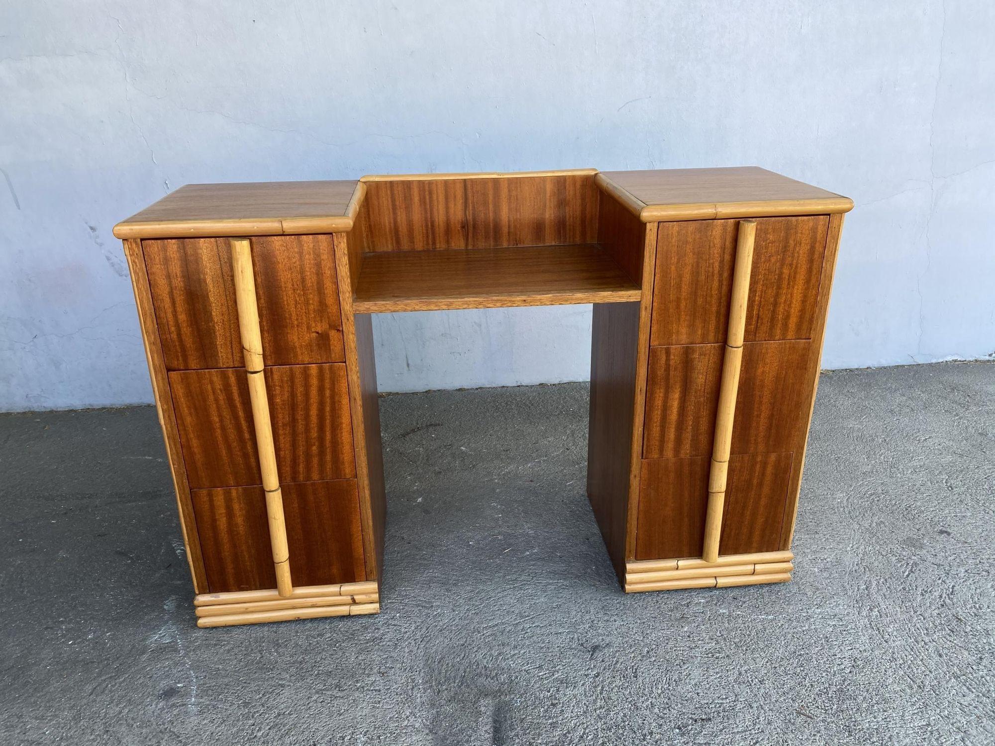 Midcentury Mahogany Vanity with Rattan Accents For Sale 8