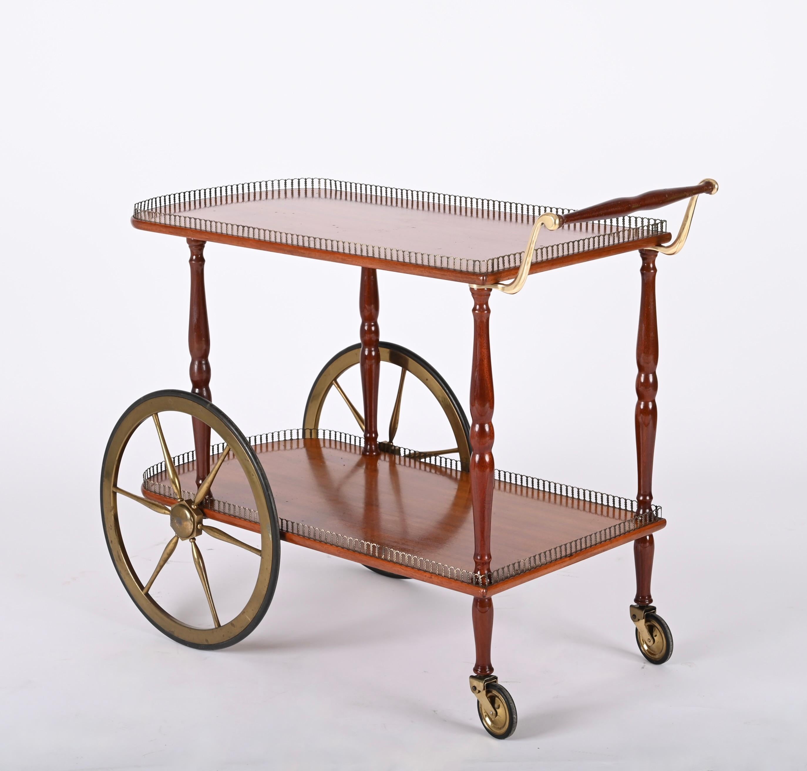 Mid-20th Century Mid-Century Mahogany Wood and Brass Italian Serving Bar Cart, 1960s For Sale