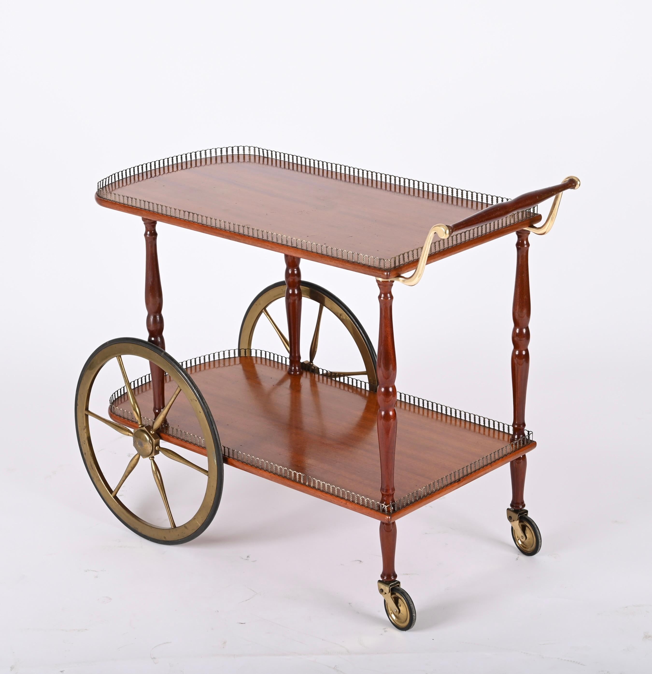 Metal Mid-Century Mahogany Wood and Brass Italian Serving Bar Cart, 1960s For Sale