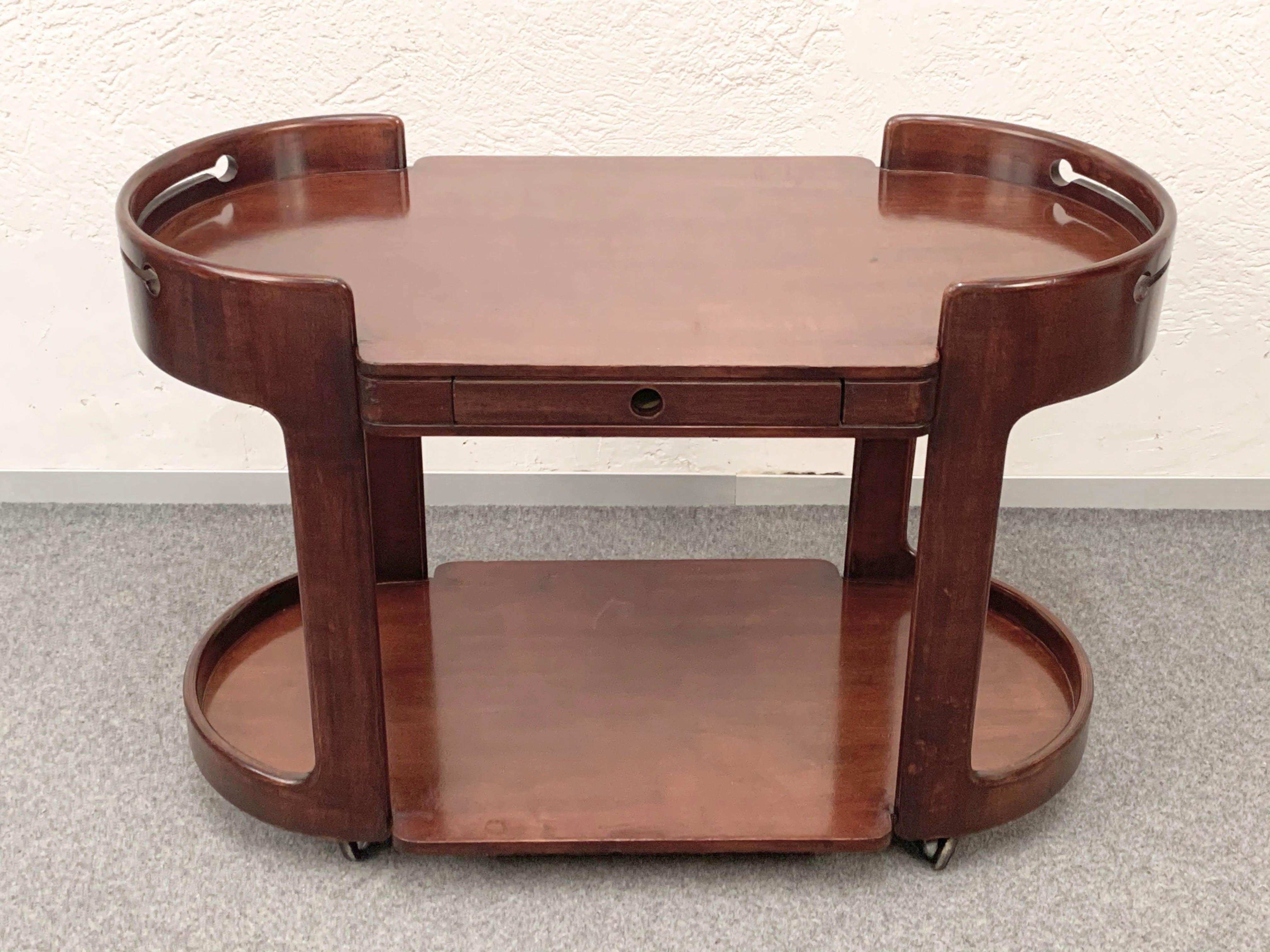 Late 20th Century Midcentury Mahogany Wood Italian Bar Cart after Afra & Tobia Scarpa, 1970s