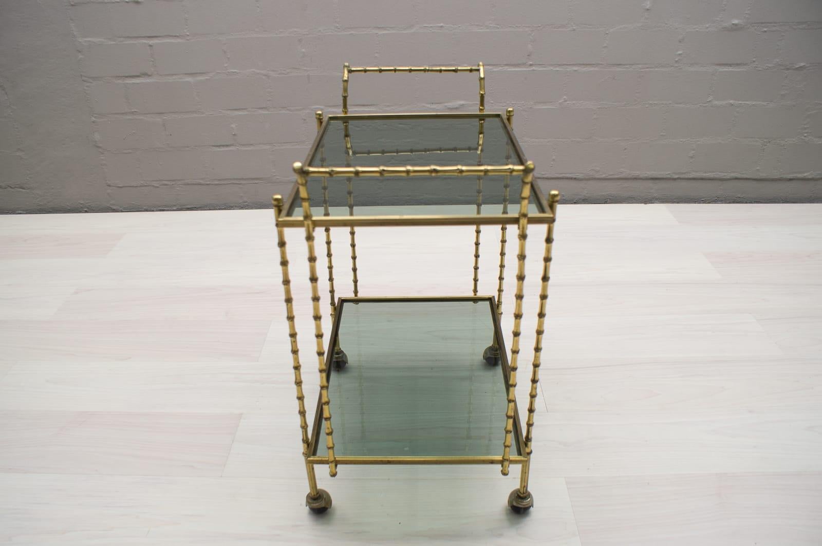 French Midcentury Maison Baguès Brass Faux Bamboo Bar Cart, 1960s, France