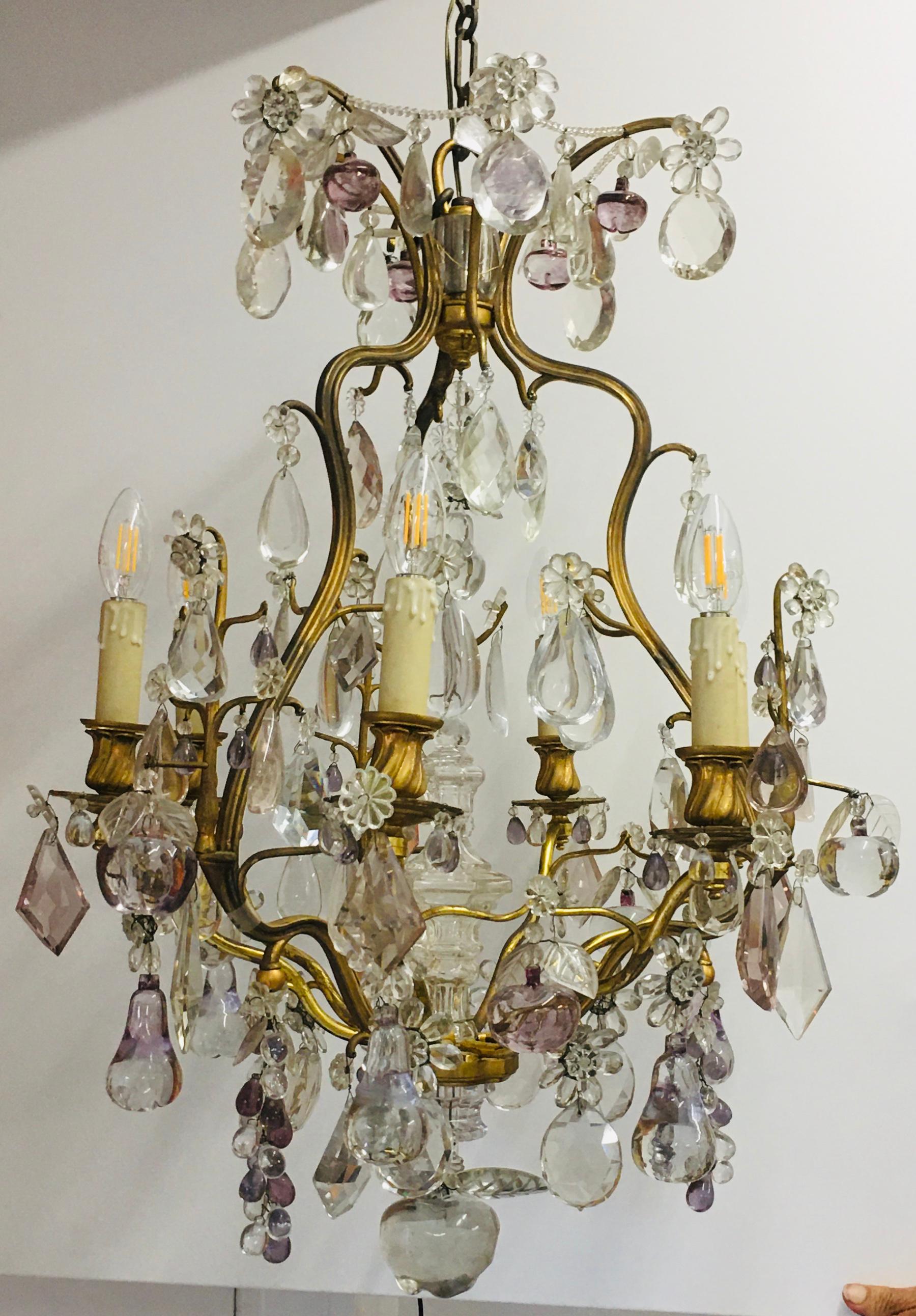 French Midcentury Maison Bagues Cristal and Bronze Chandelier For Sale