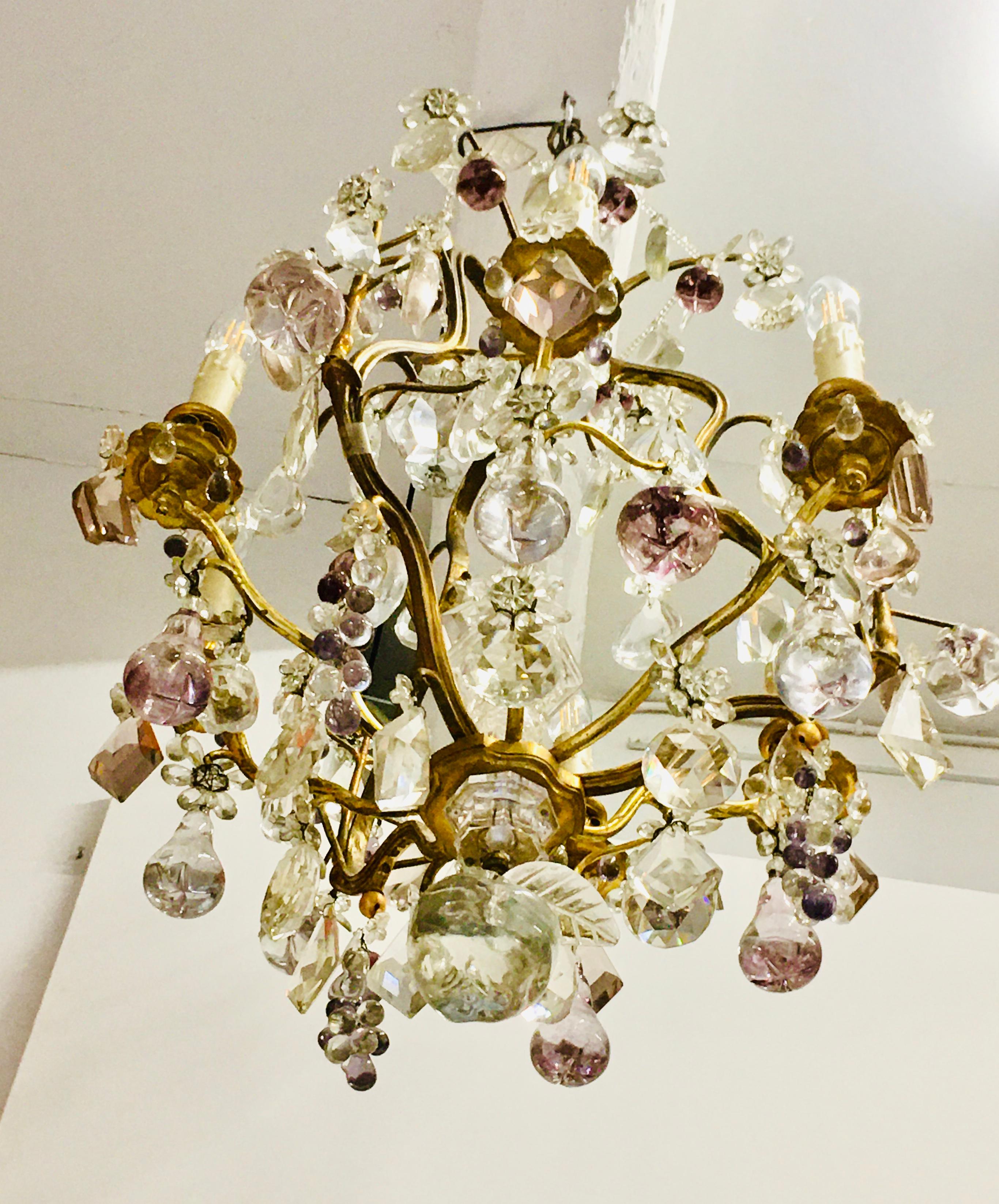 Glass Midcentury Maison Bagues Cristal and Bronze Chandelier For Sale