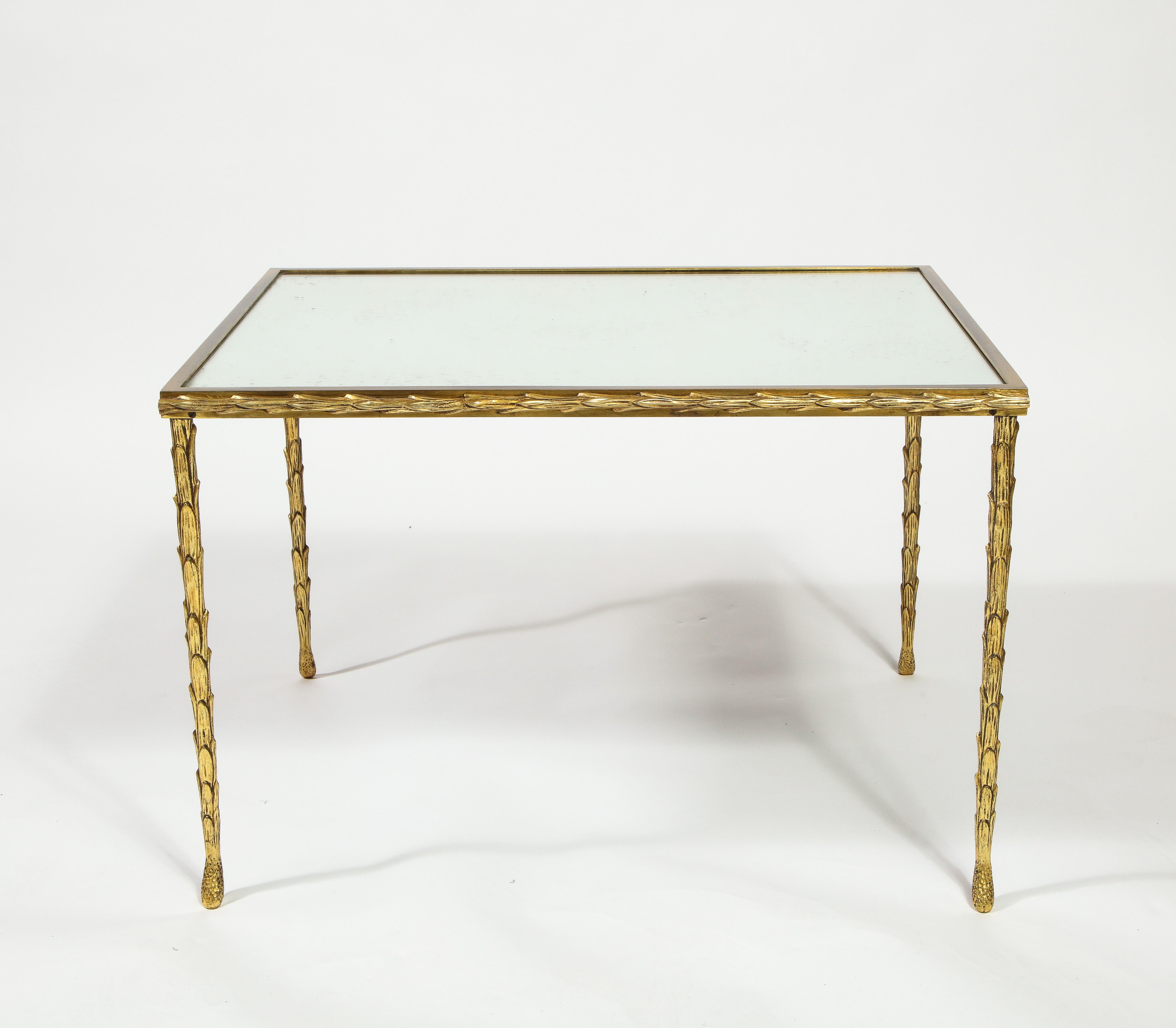 Midcentury Maison Bagues French Louis XVI Style Gilt Bronze Mirror Coffee Table For Sale 1