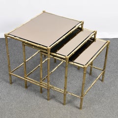 Midcentury Maison Baguès Mirror and Brass Nesting Coffee Tables, France, 1960s