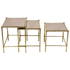 Midcentury Maison Baguès Mirror and Brass Nesting Coffee Tables, France, 1960s